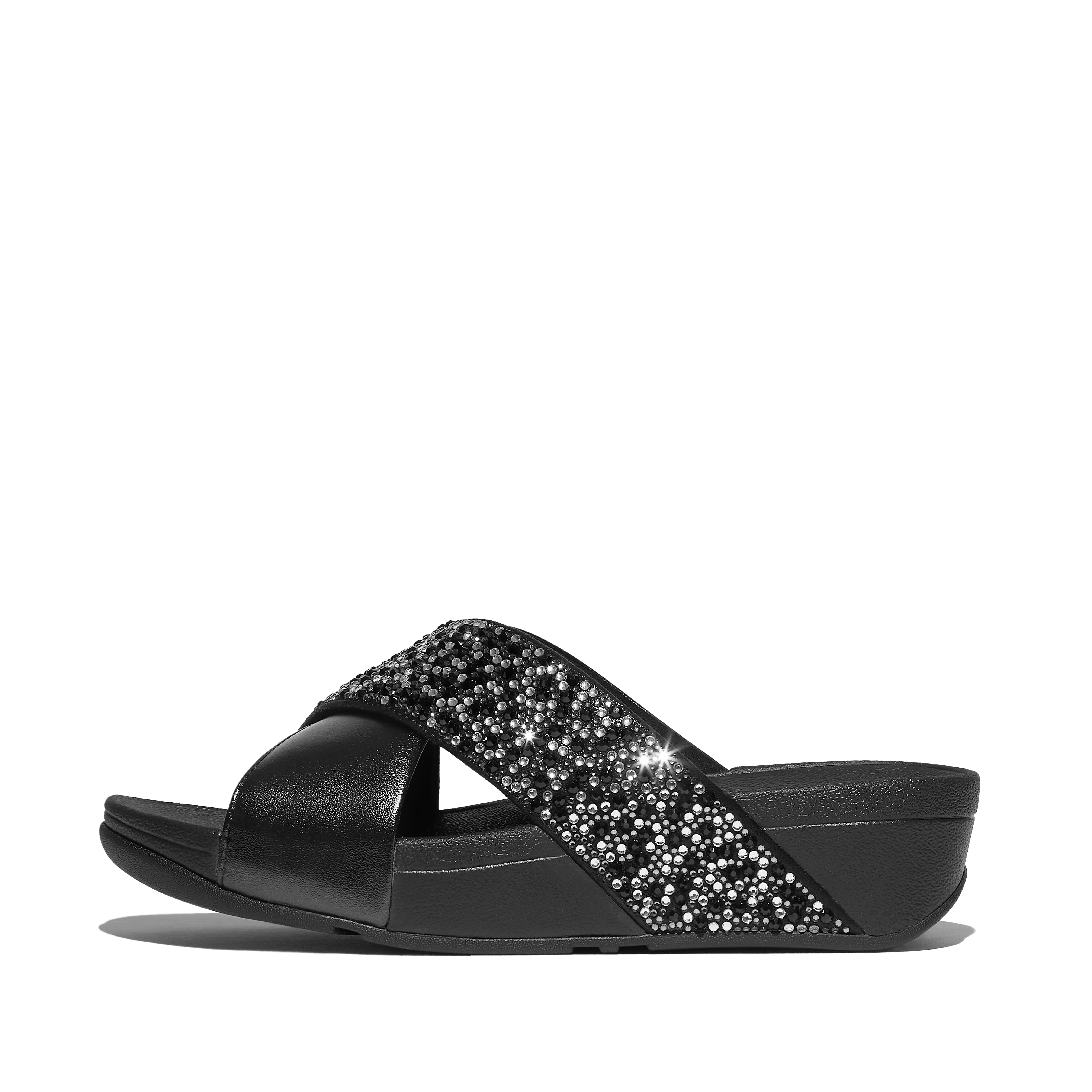FitFlop LULU Crystal-Mix Metallic Cross Slides Pu/Polyester, Full Price, All Black, Size: US 9