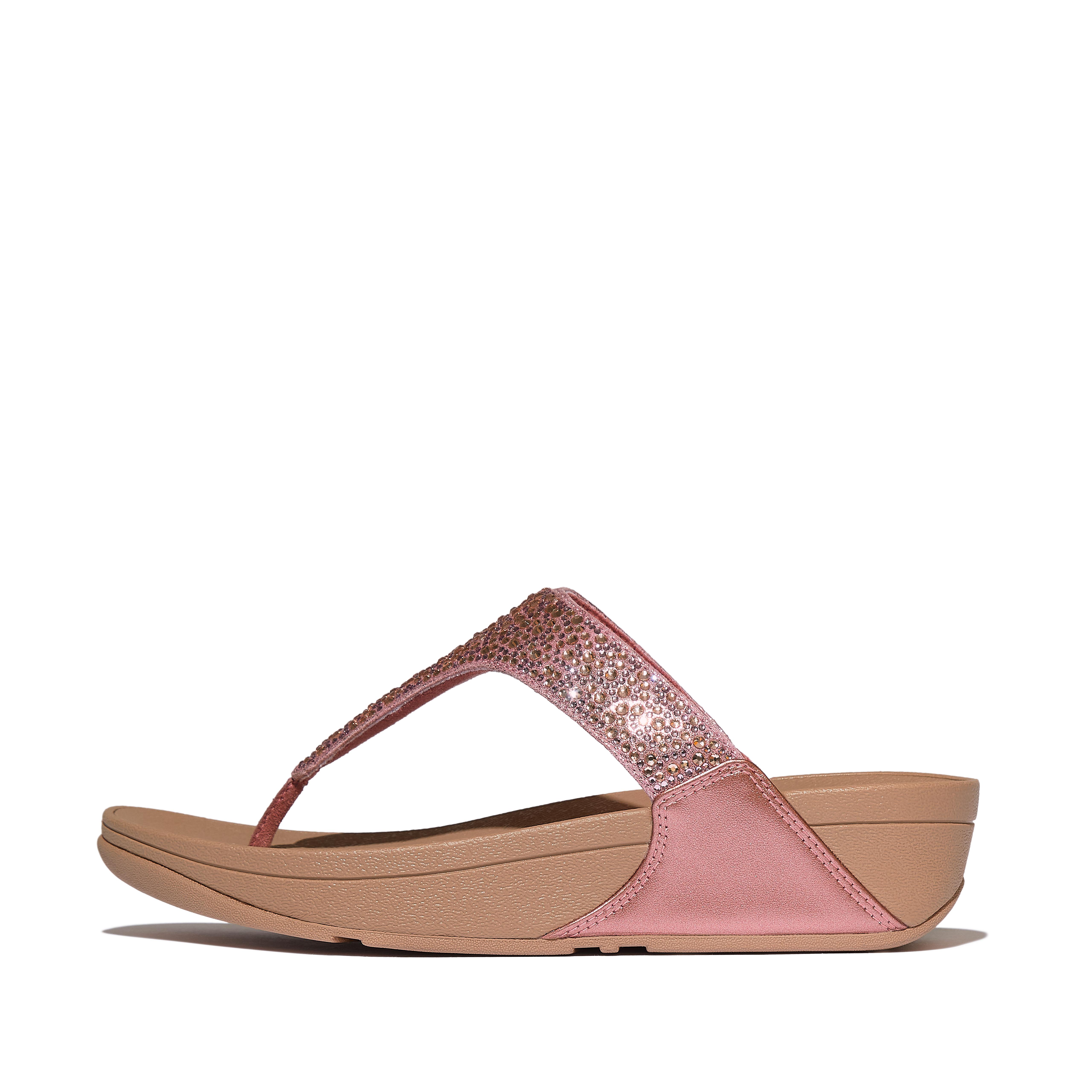 FitFlop LULU Crystal-Mix Metallic Toe-Post Sandals Pu/Glitter, Full Price, Rust Rose, Size: US 7