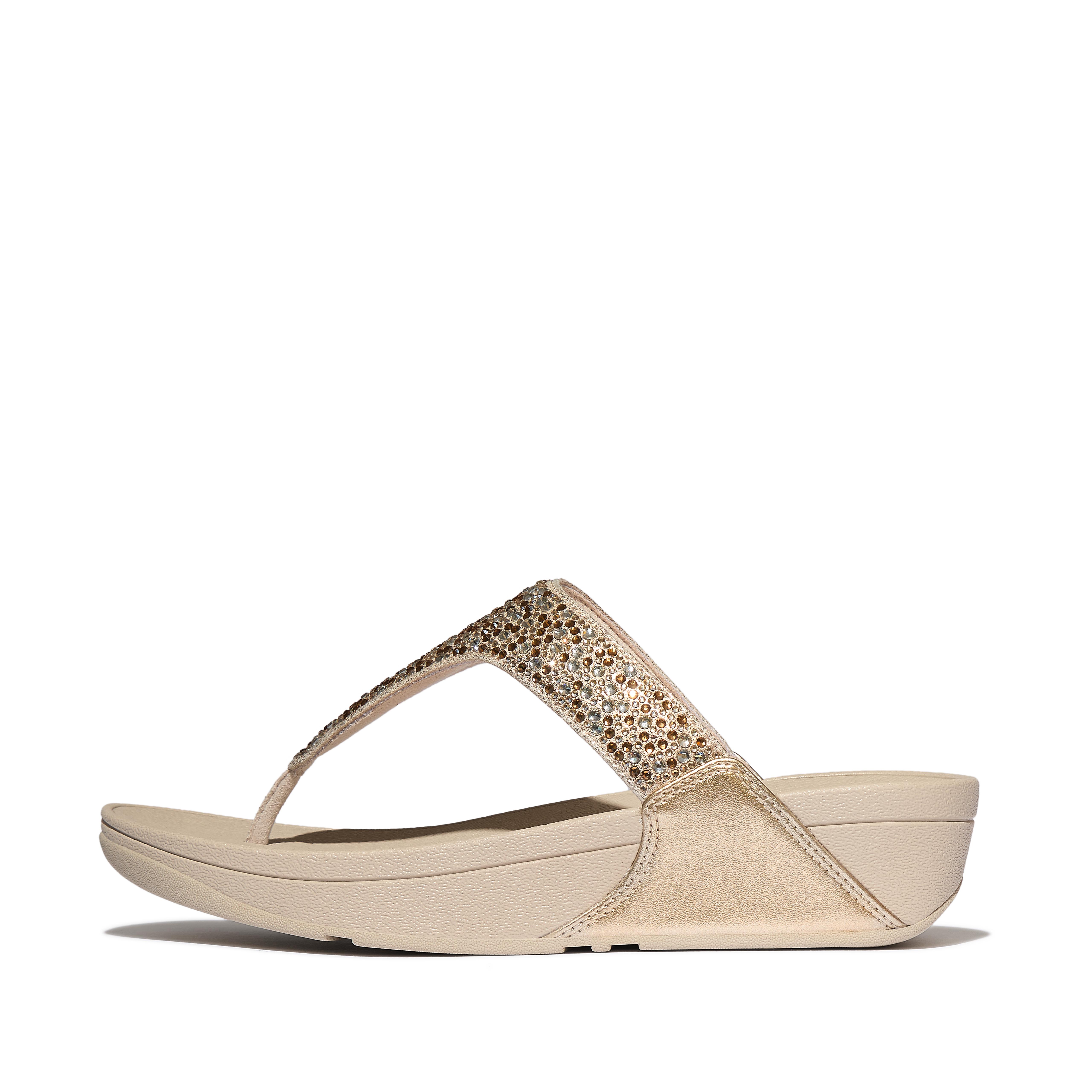 FitFlop LULU Crystal-Mix Metallic Toe-Post Sandals Pu/Polyester, Full Price, Platino, Size: US 11
