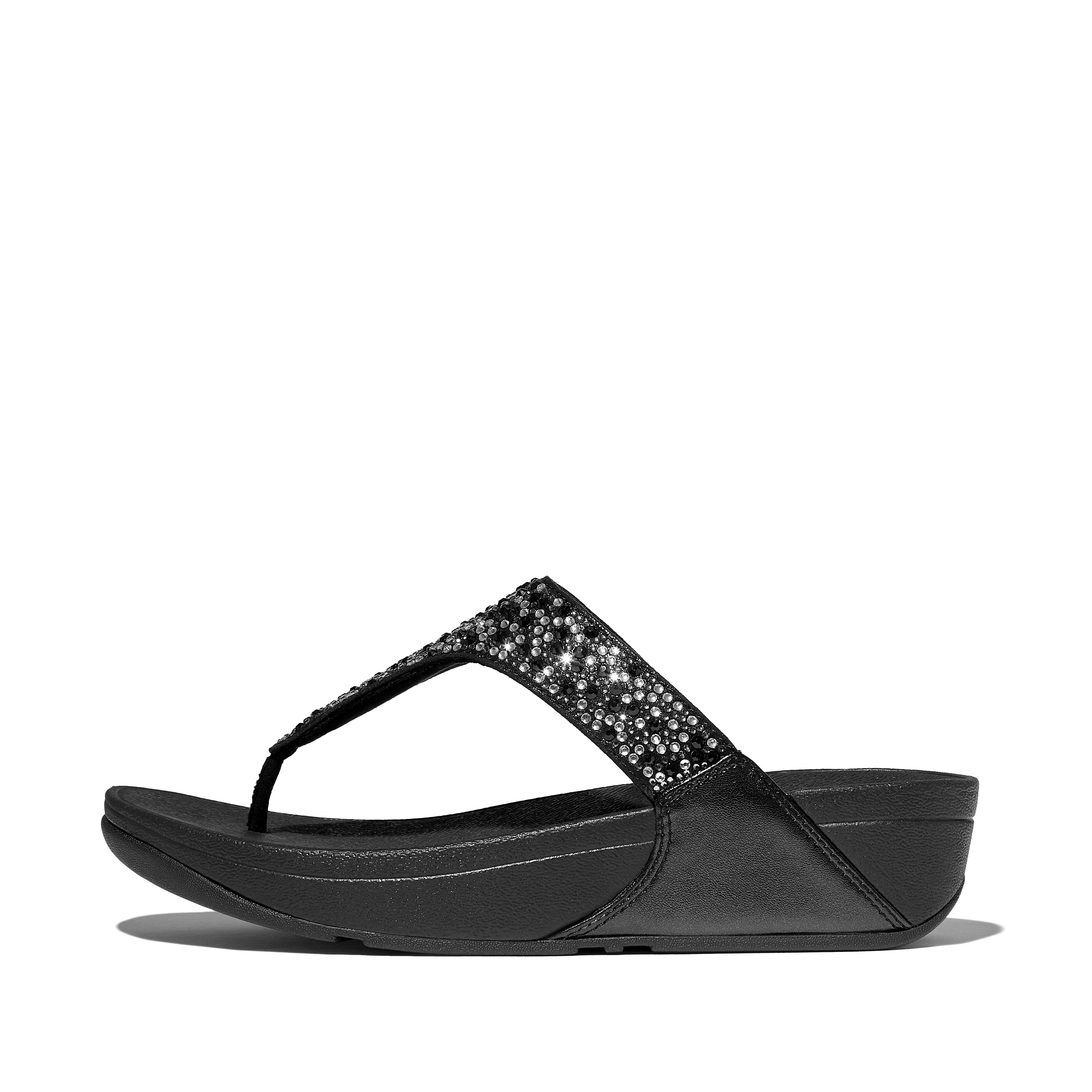 FitFlop LULU Crystal-Mix Toe-Post Sandals Pu/Polyester, Full Price, All Black, Size: US 10