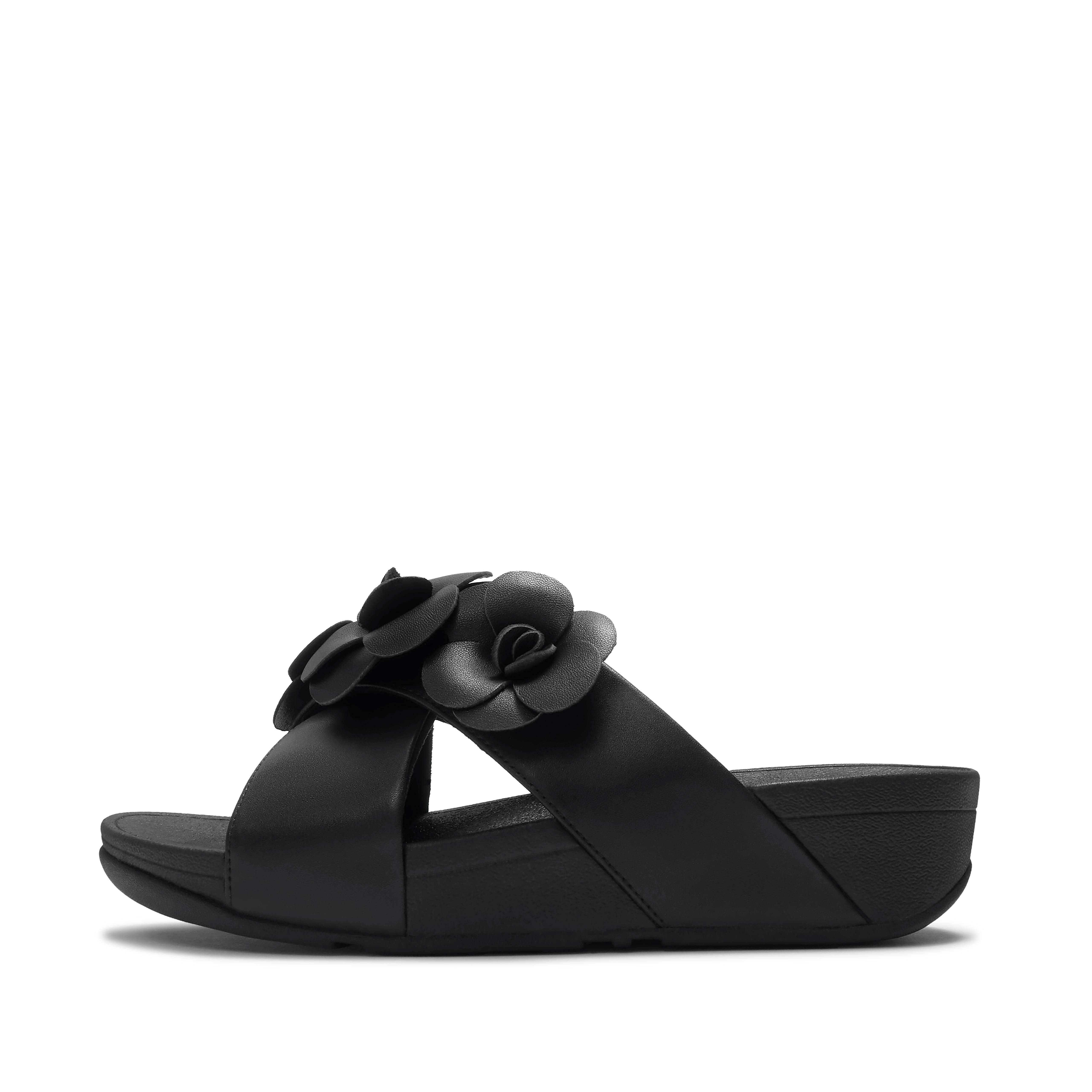 Fit Flop  Lulu Flower Cross Slides Black Leather in Women's size 4