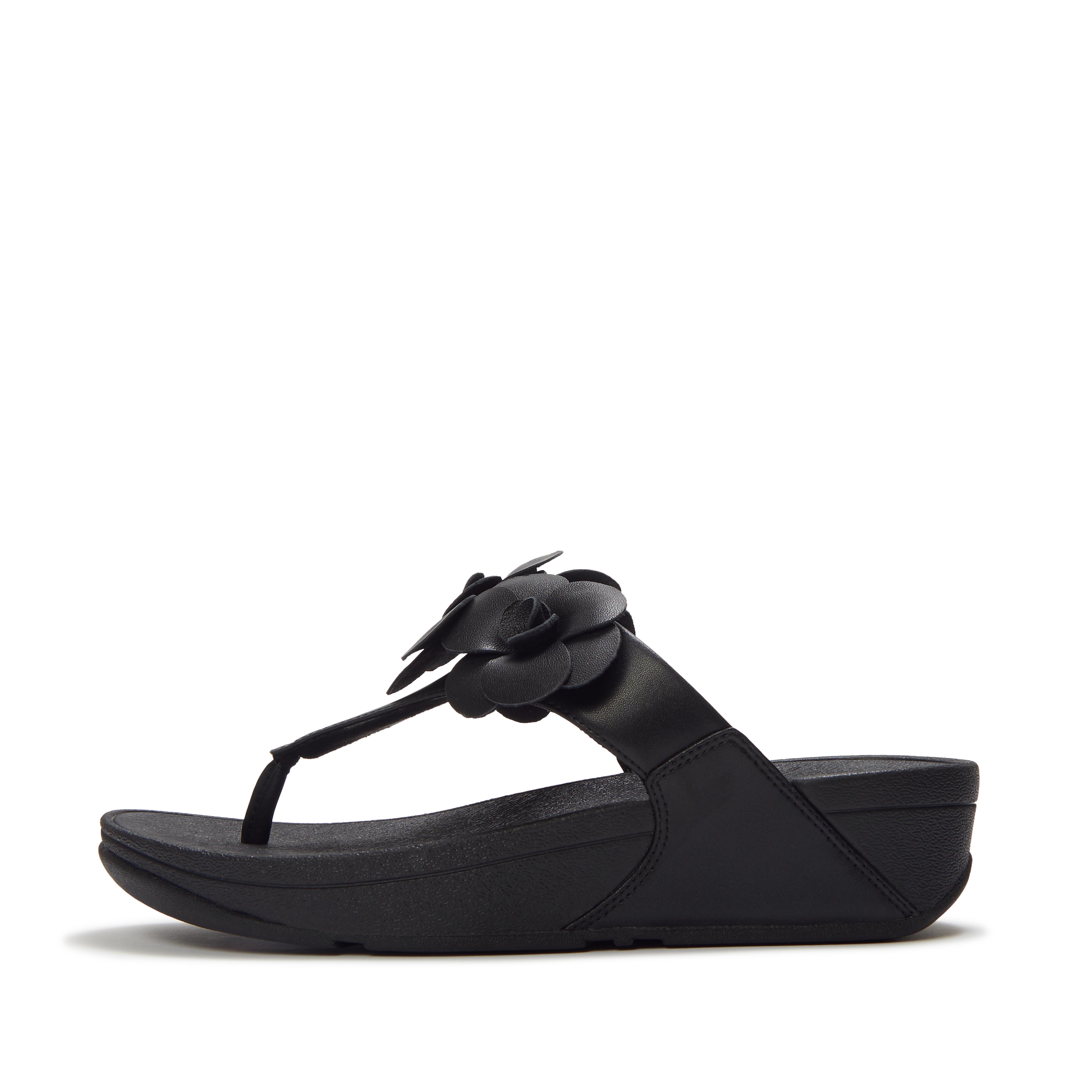 FitFlop LULU Flower Toe-Post Sandals Leather/Pu, Full Price, Black, Size: US 7