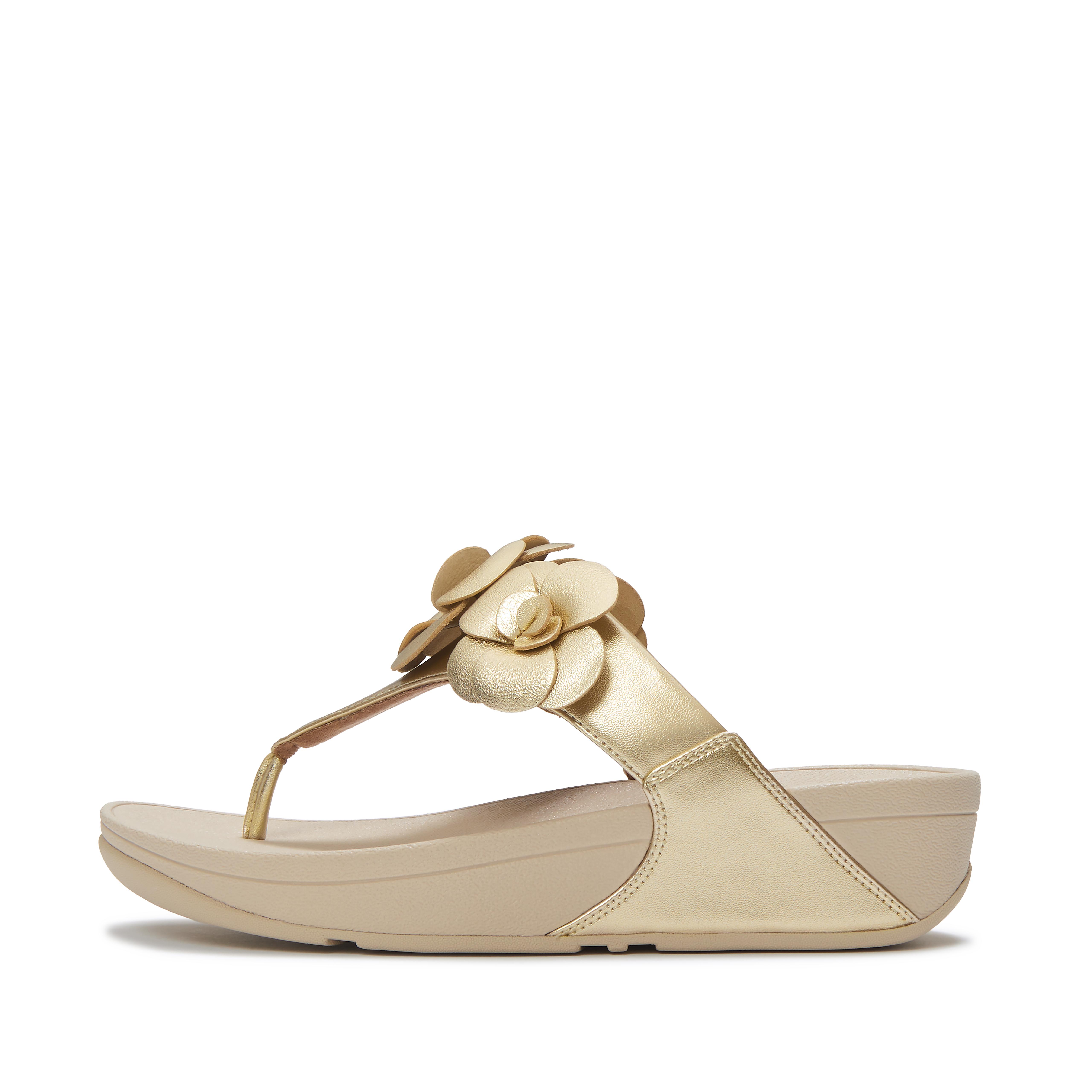 FitFlop LULU Flower Metallic Toe-Post Sandals Leather/Pu, Full Price, Platino, Size: US 7