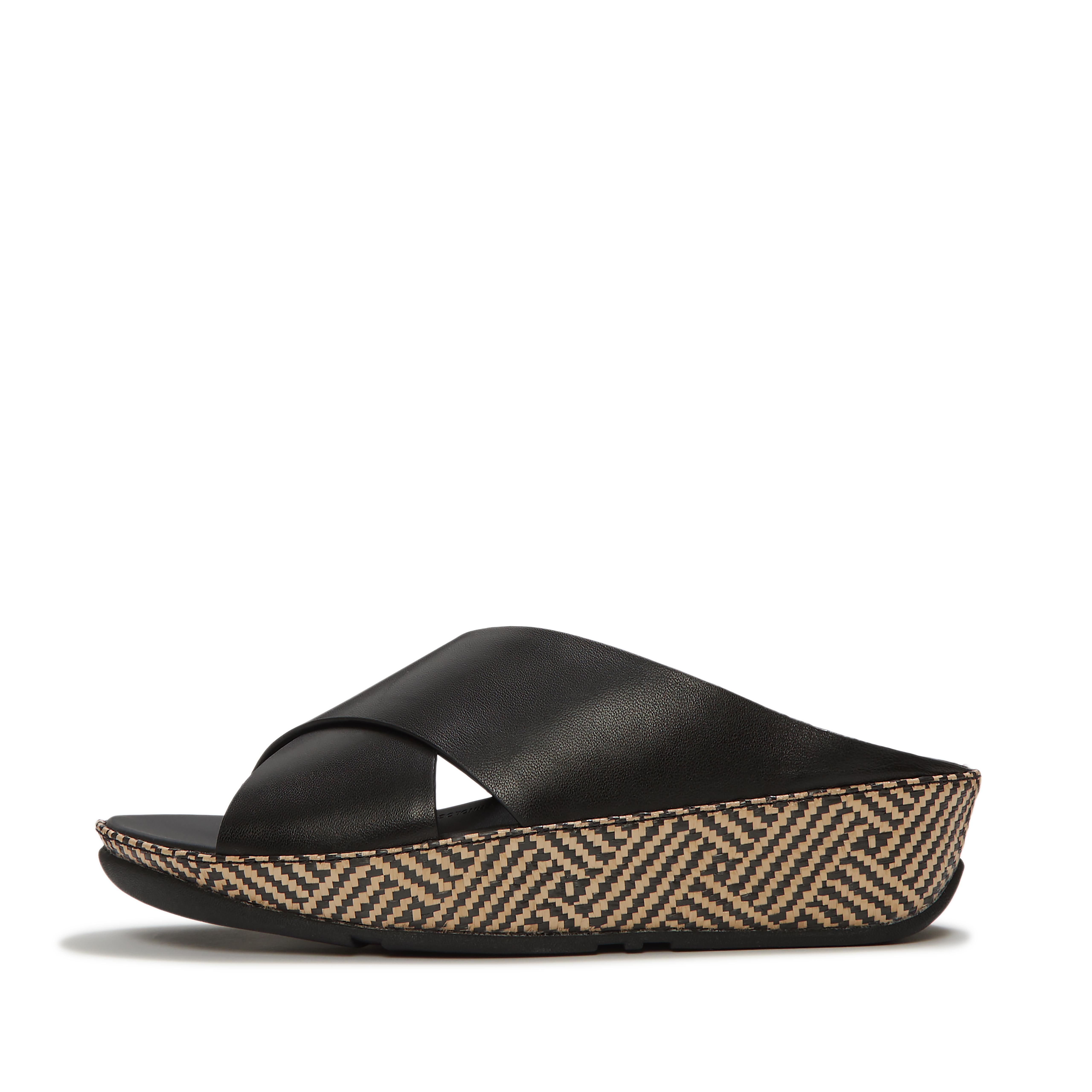 FitFlop LULU Lux Graphic-Weave Leather Cross Slides, Full Price, Black, Size: US 11
