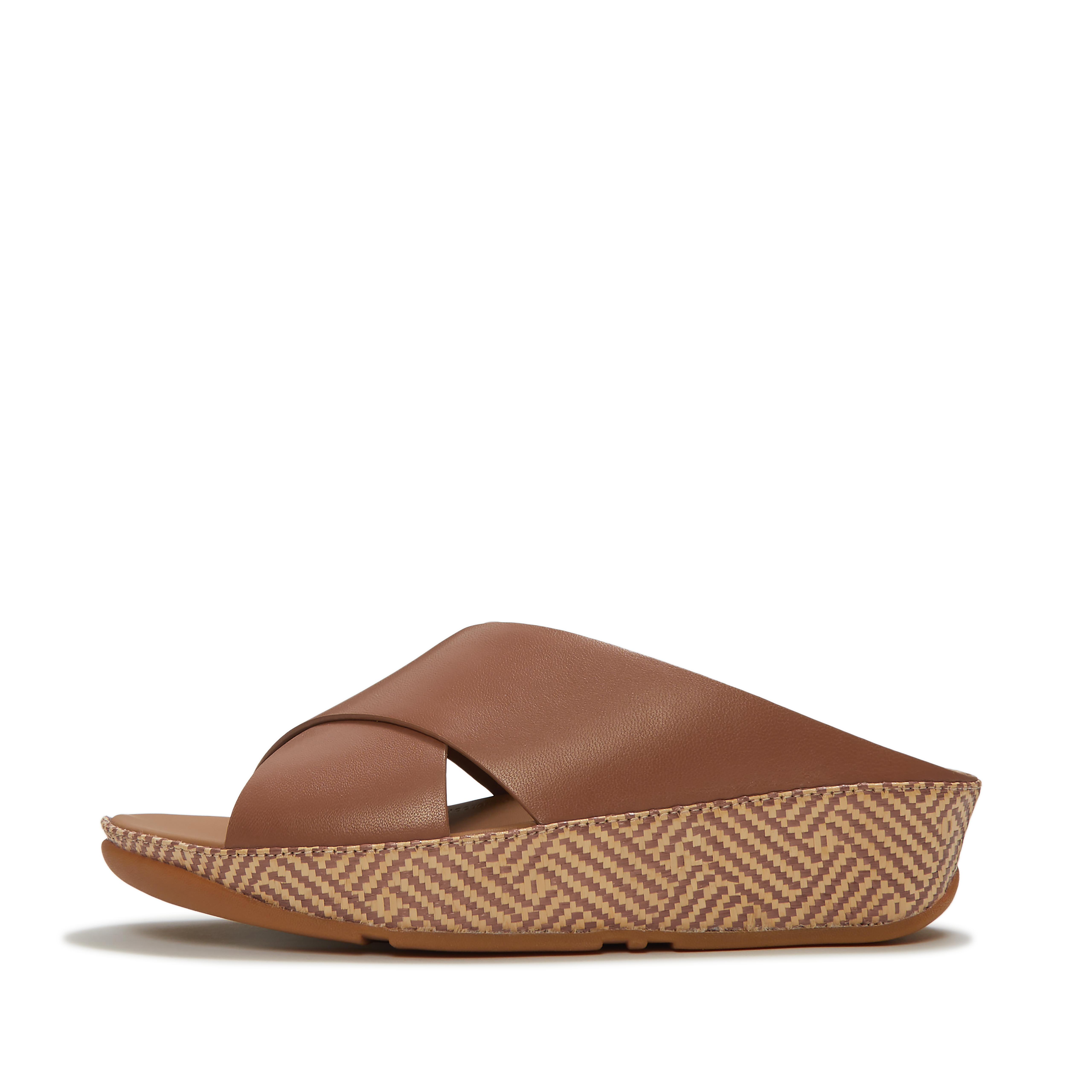 FitFlop LULU Lux Graphic-Weave Leather Cross Slides, Full Price, Deep Tan, Size: US 9