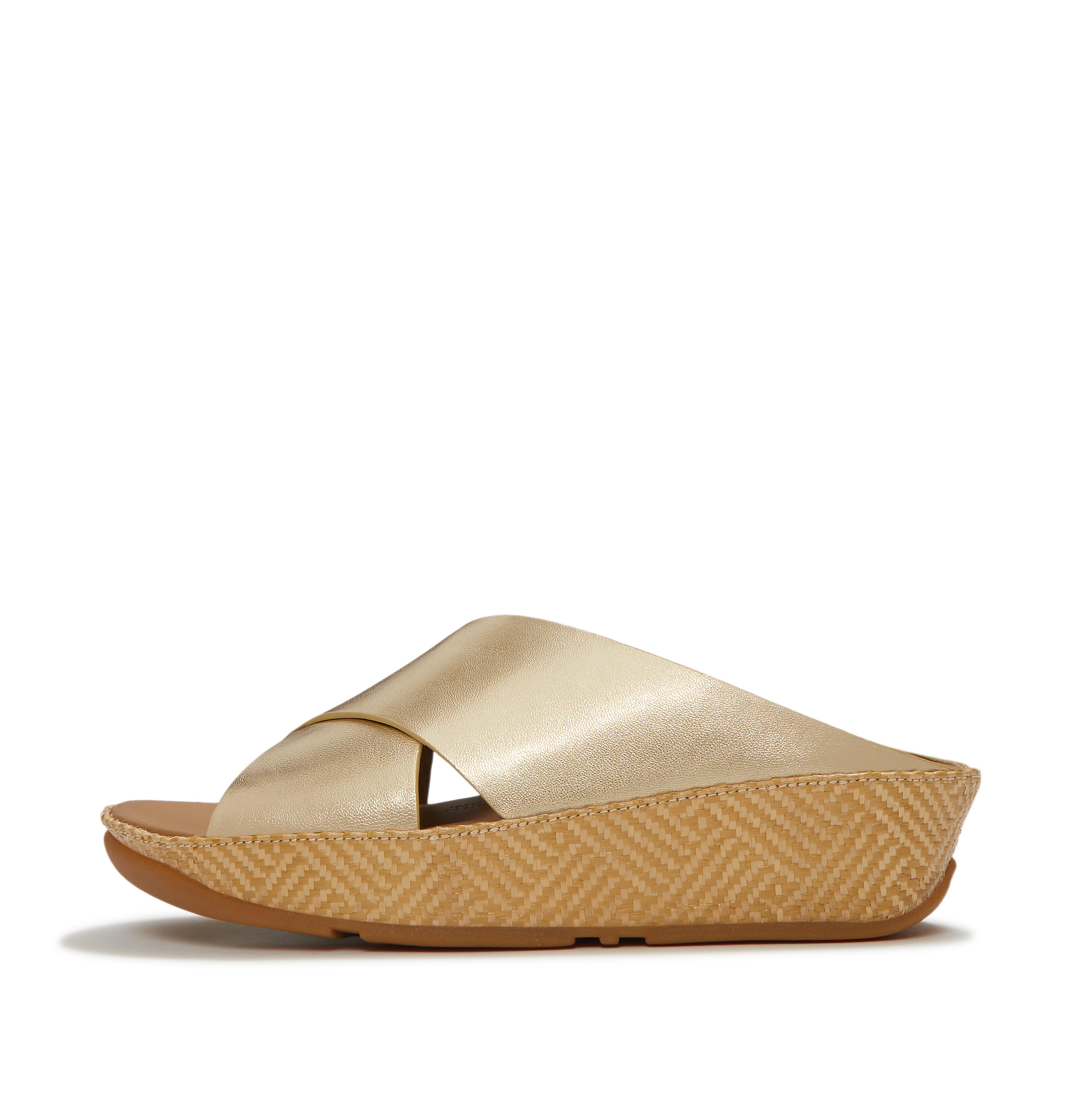 FitFlop LULU Lux Graphic-Weave Metallic-Leather Cross Slides, Full Price, Platino, Size: US 6