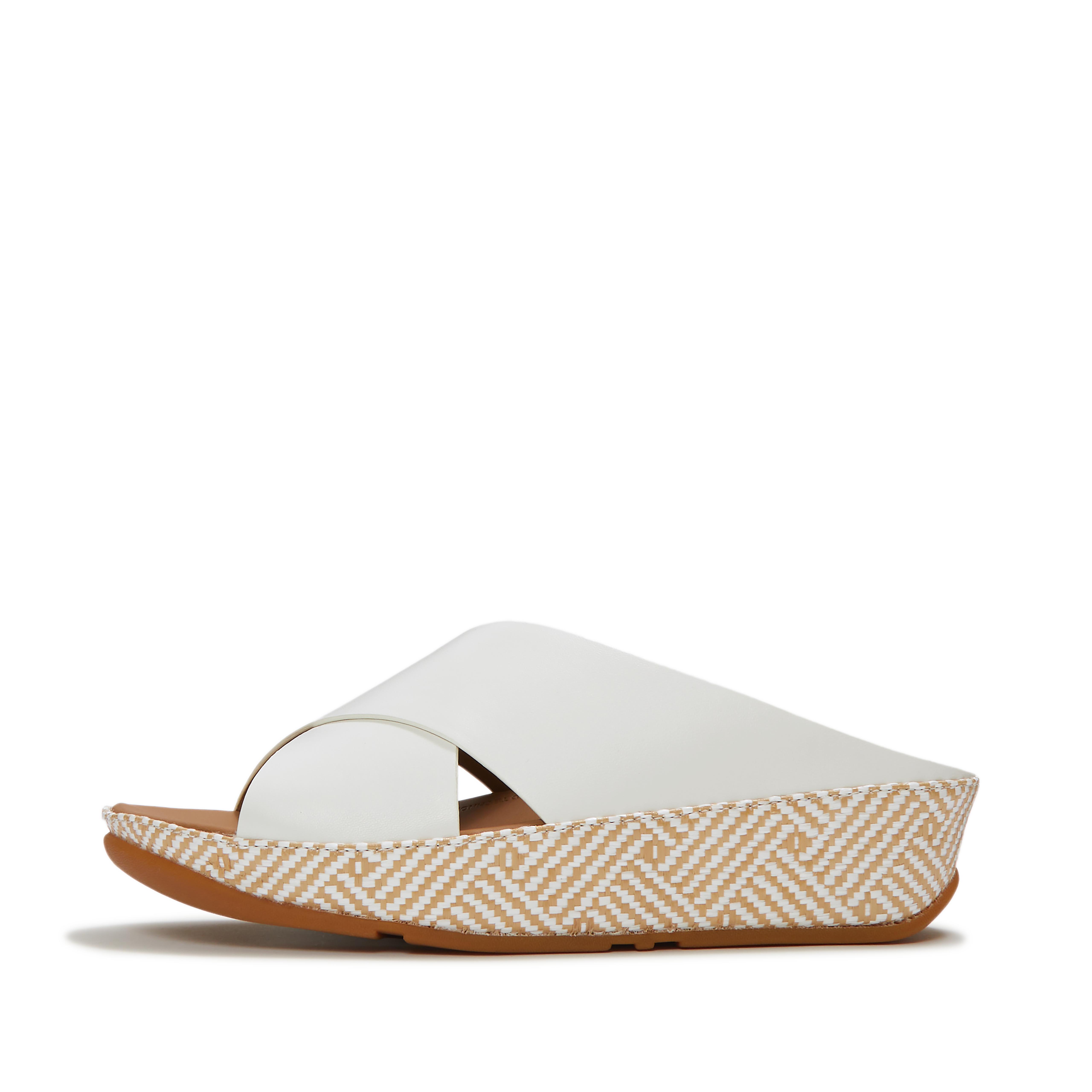 FitFlop LULU Lux Graphic-Weave Leather Cross Slides, Full Price, Urban White, Size: US 7.5