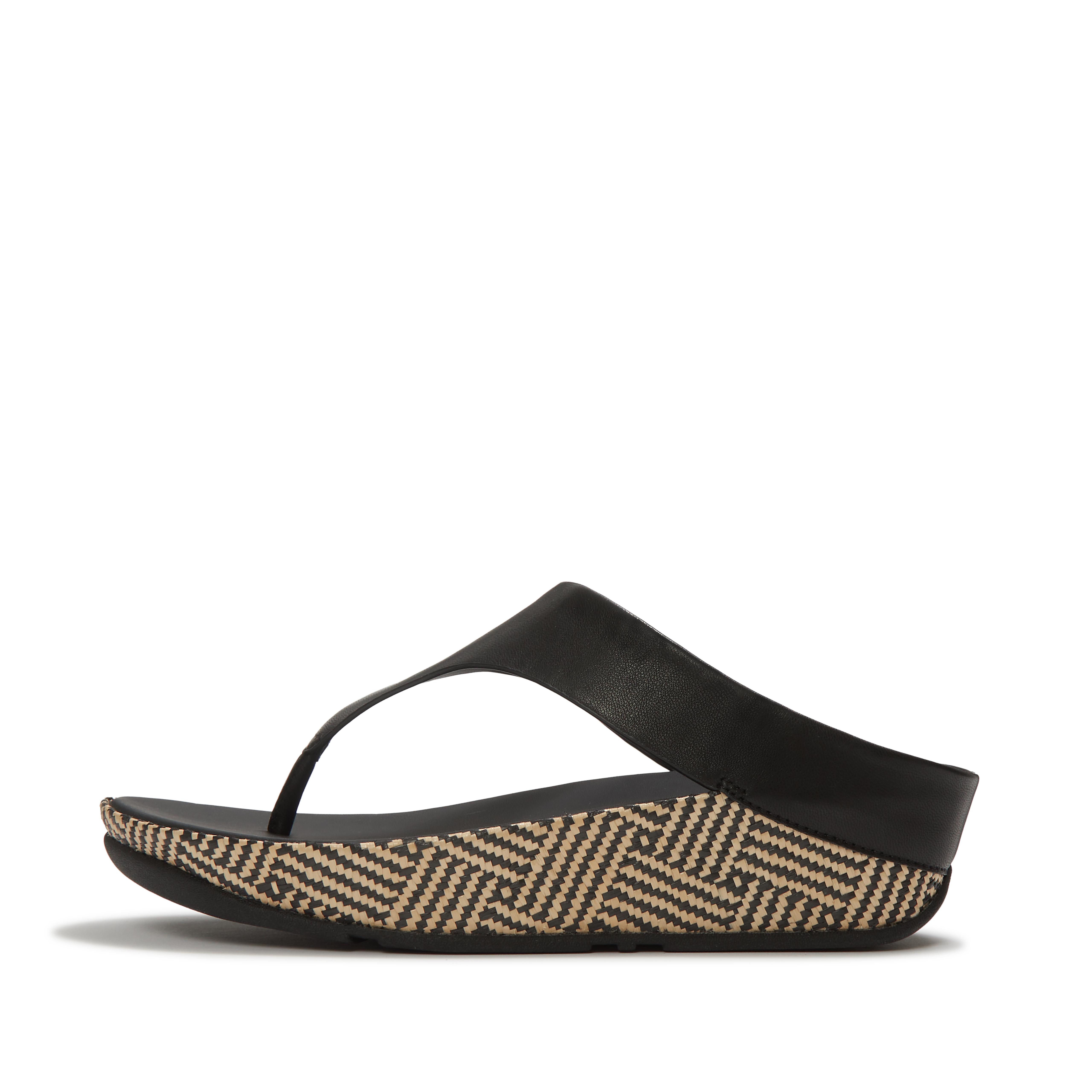FitFlop LULU Lux Graphic-Weave Leather Toe-Post Sandals, Full Price, Black, Size: US 9