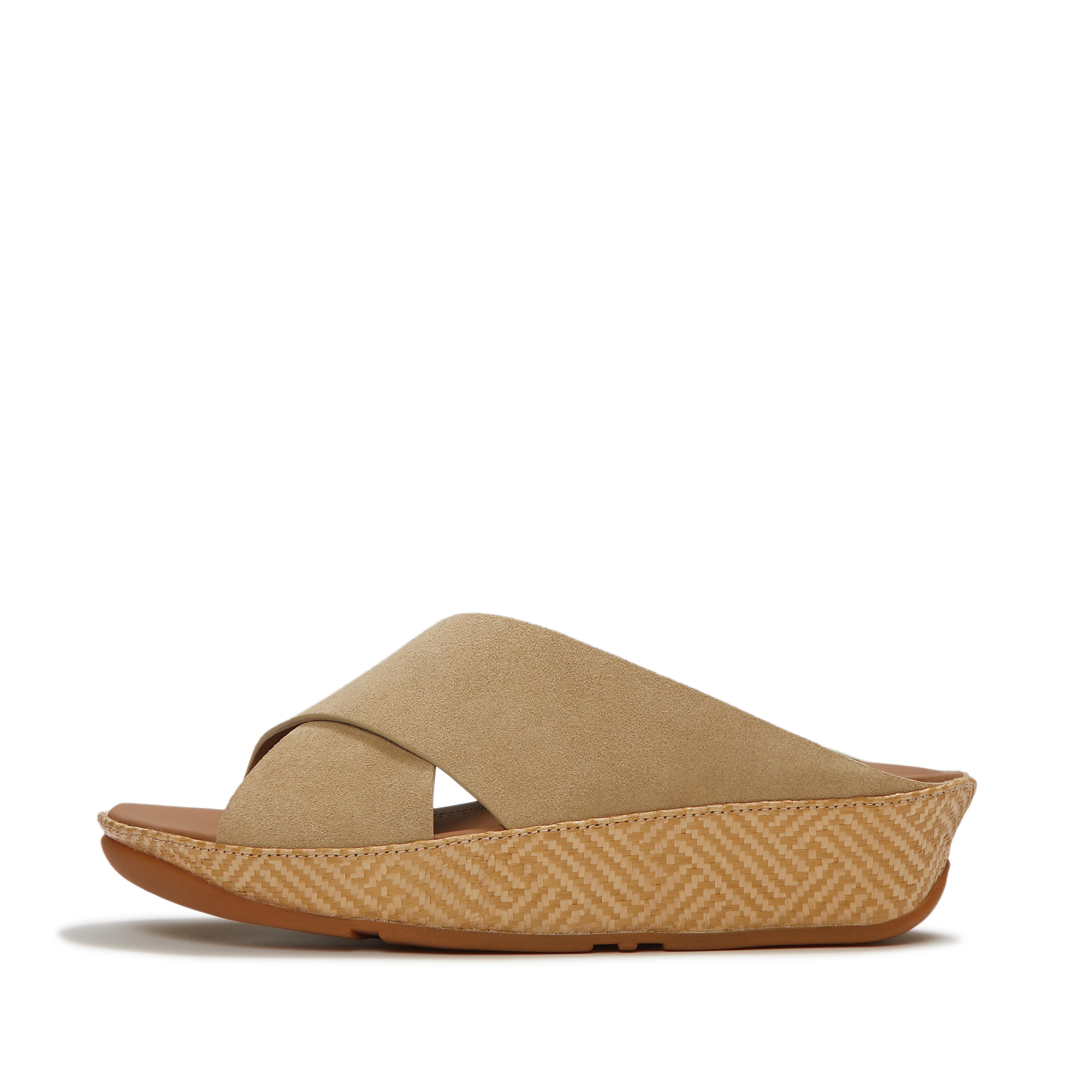 FitFlop LULU Lux Graphic-Weave Suede Cross Slides, Full Price, Cappuccino, Size: US 8.5
