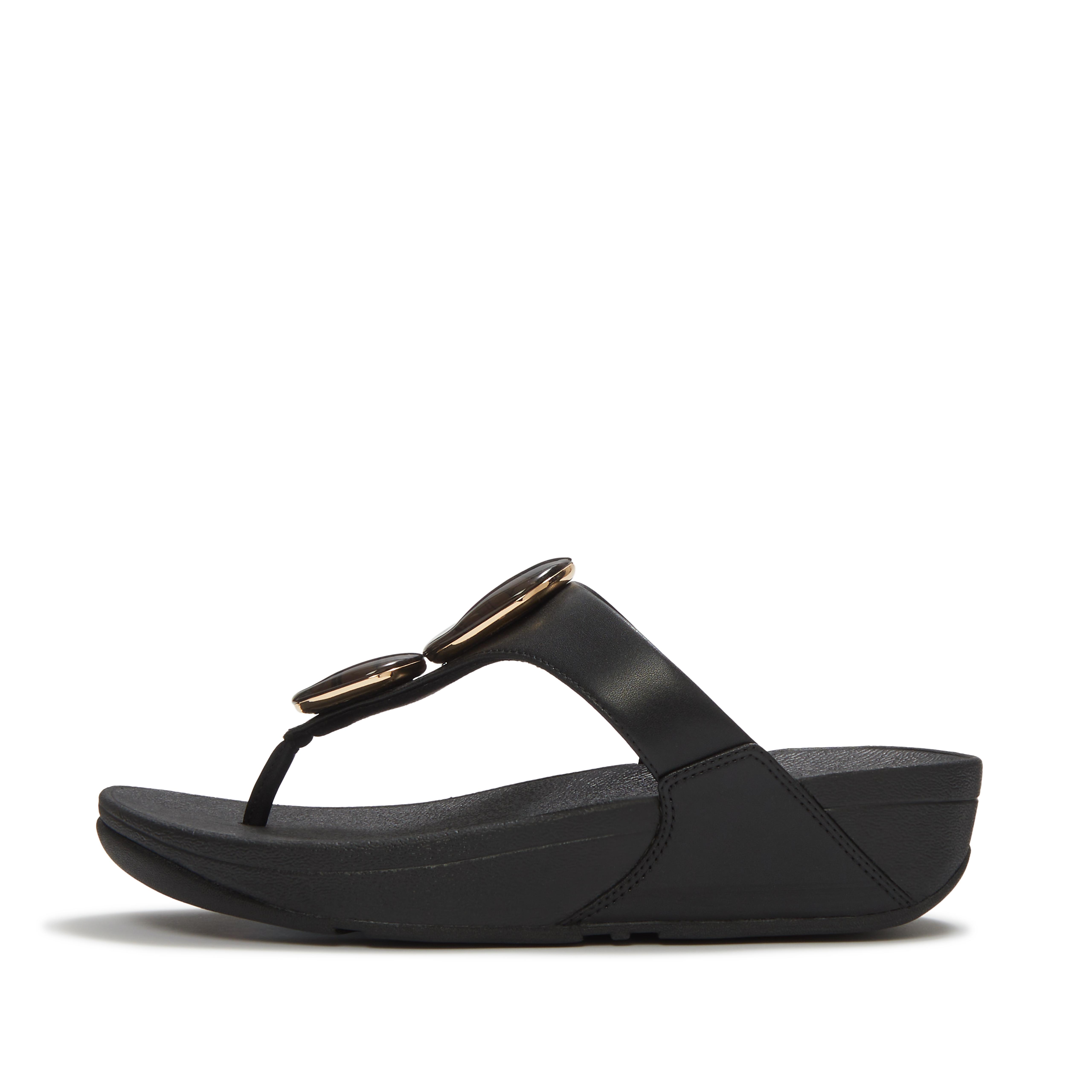 FitFlop LULU Marbled-Stone Toe-Post Sandals Faux Leather, Full Price, Black, Size: US 9