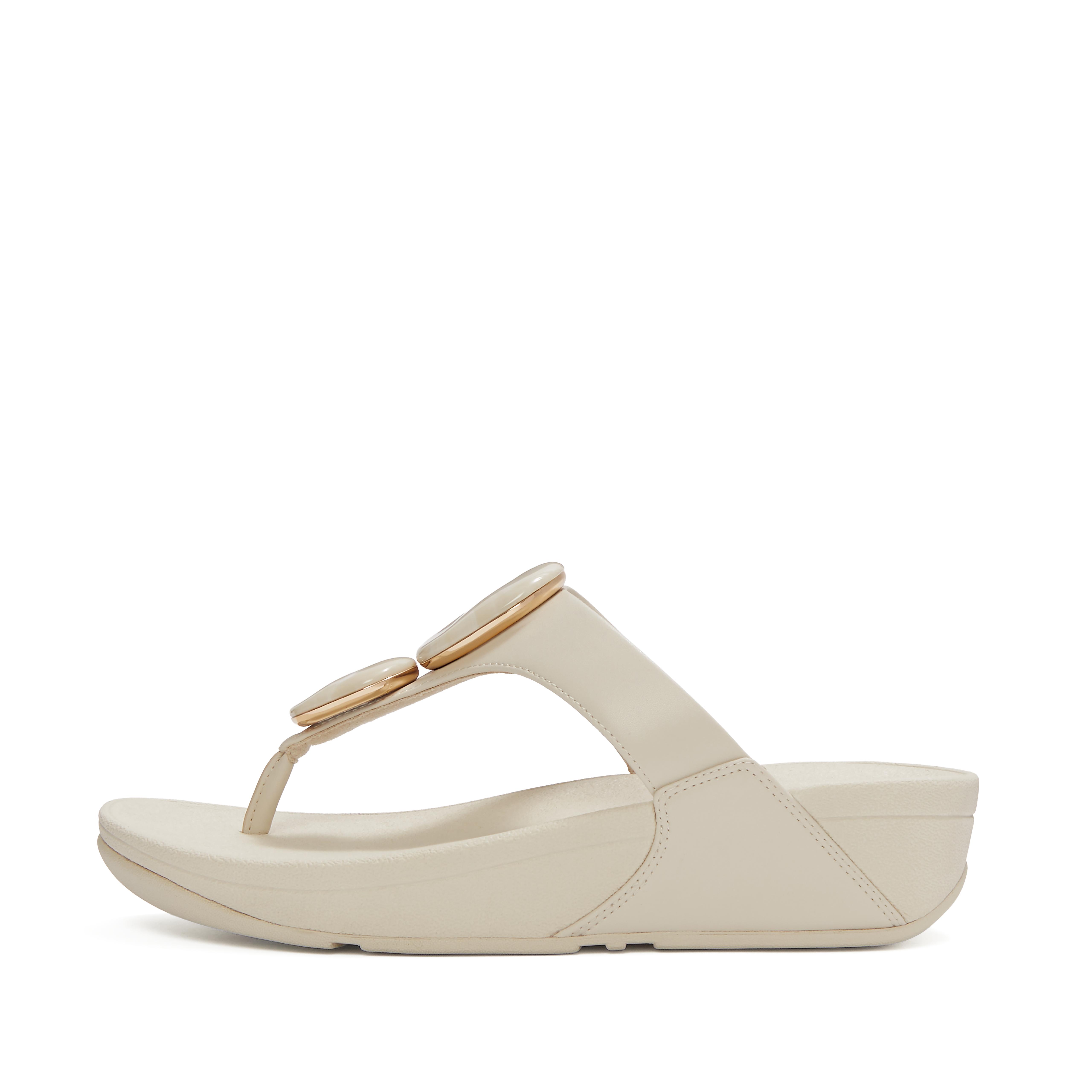 FitFlop LULU Marbled-Stone Toe-Post Sandals Faux Leather, Full Price, Paris Beige, Size: US 10
