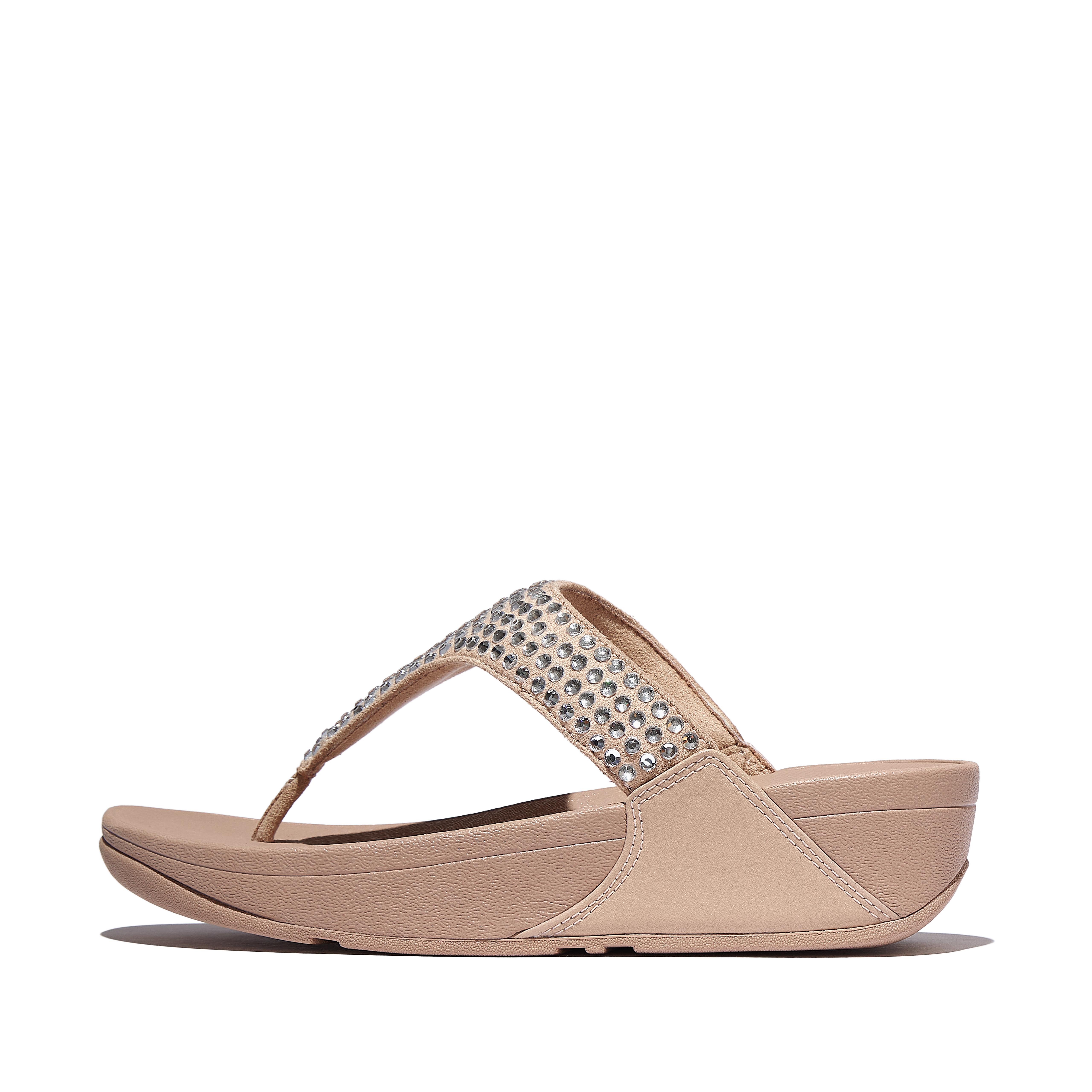FitFlop LULU Maxi-Crystal Toe-Post Sandals Leather/Poly, Outlet, Classic Beige, Size: US 8.5