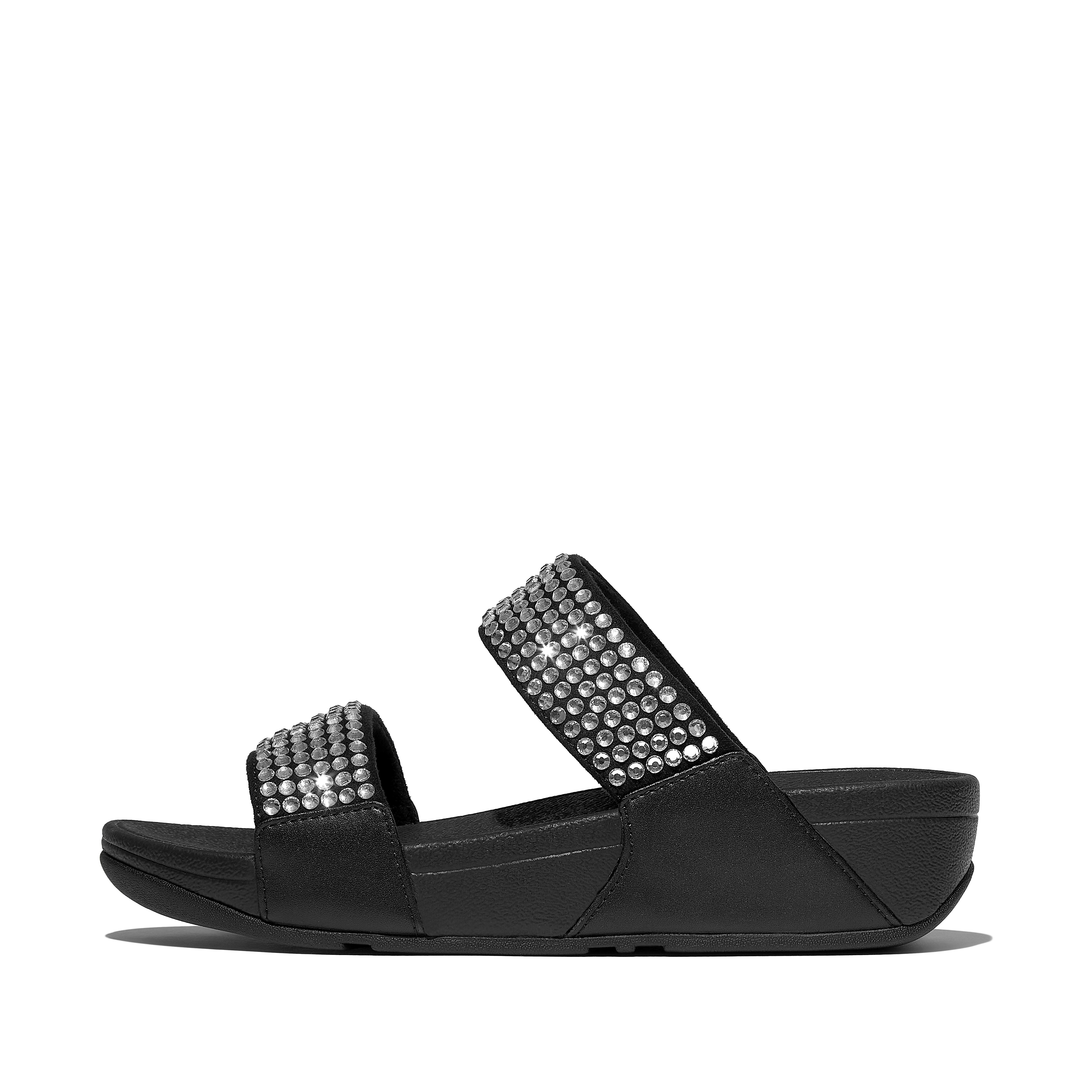 FitFlop LULU Maxi-Crystal Two-Bar Slides Leather/Poly, Outlet, Black, Size: US 6