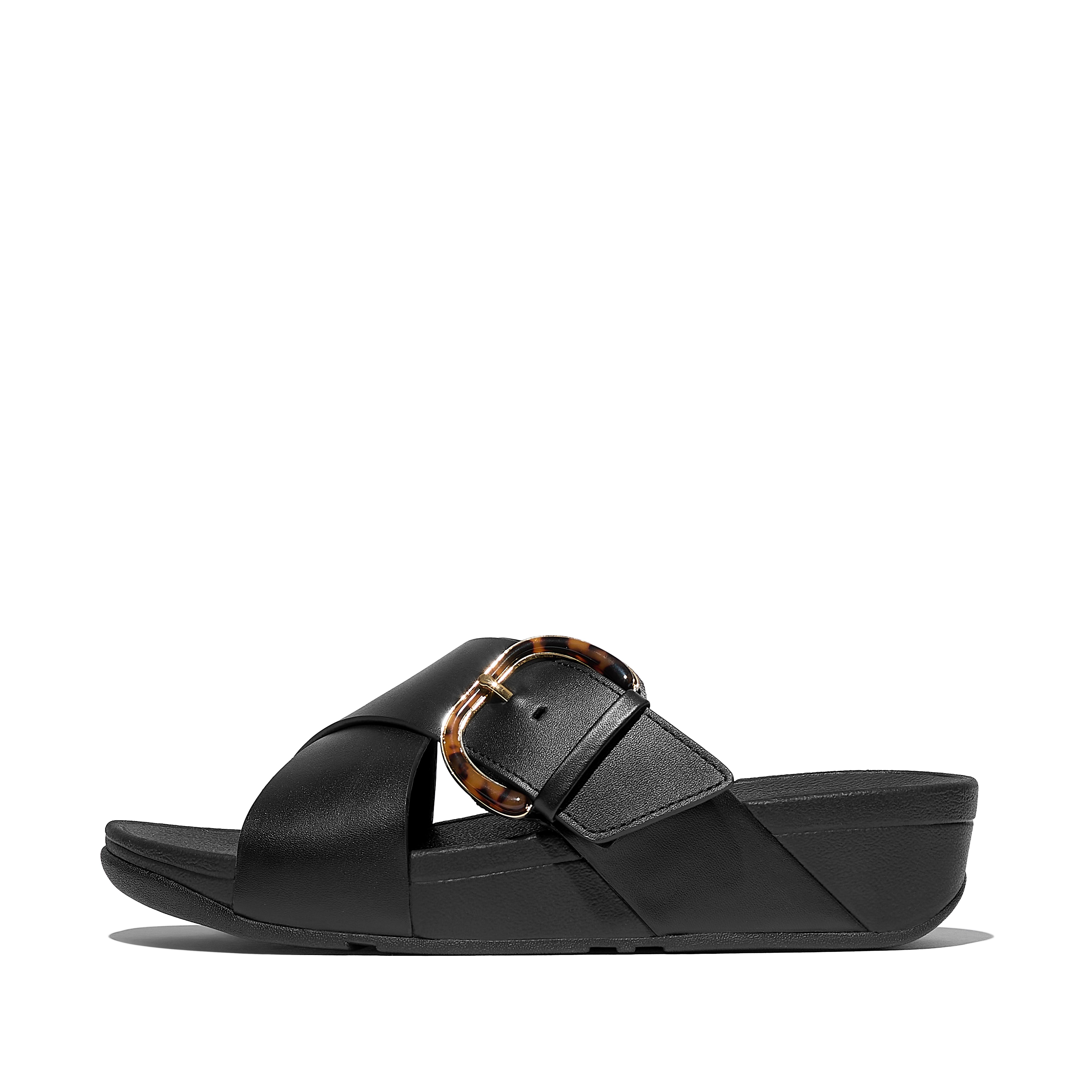 FitFlop LULU Resin-Buckle Leather Cross Slides, Full Price, All Black, Size: US 7