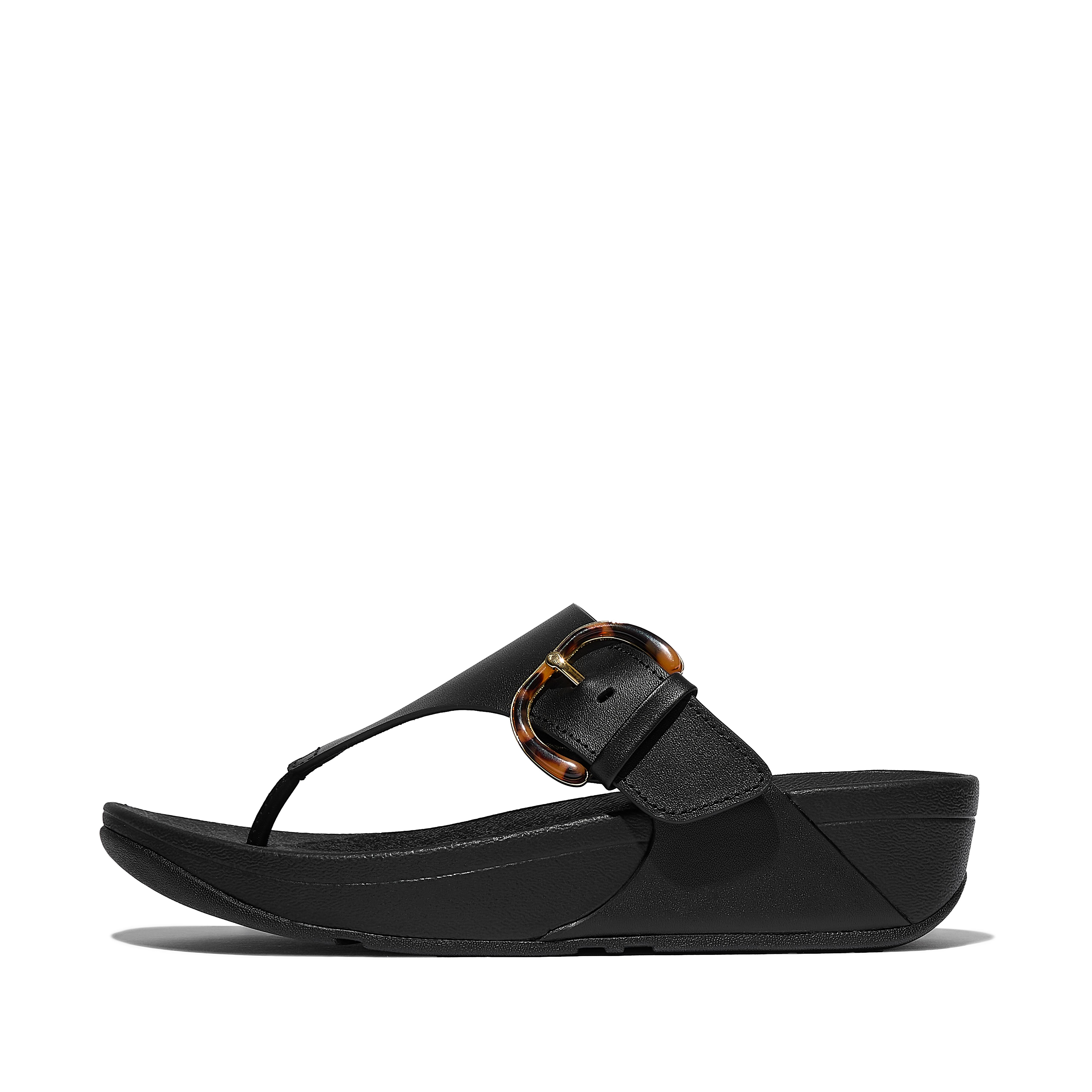 FitFlop LULU Resin-Buckle Leather Toe-Post Sandals, Full Price, All Black, Size: US 6.5