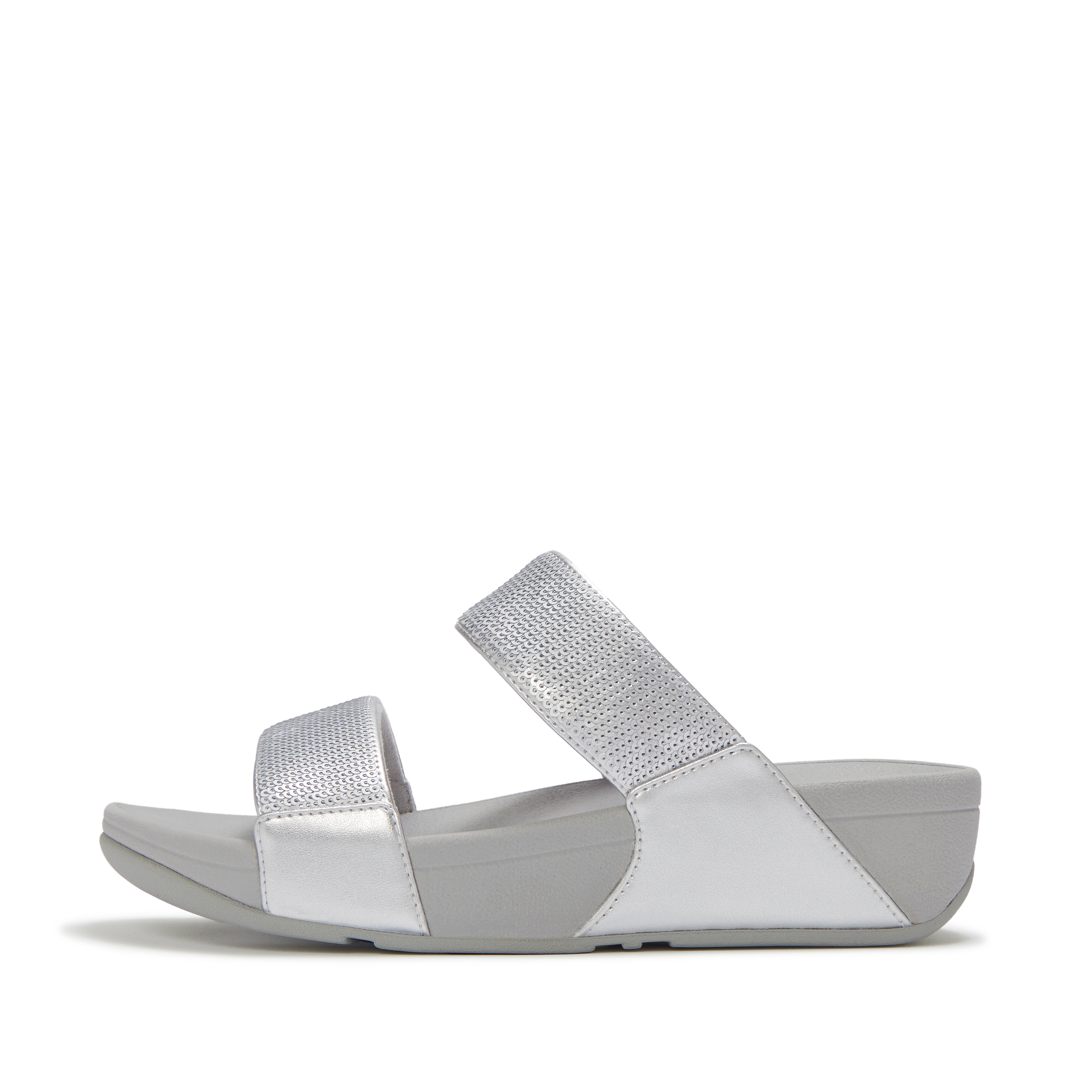 FitFlop LULU Sequin Slides Leather/Pu, Full Price, Silver, Size: US 6