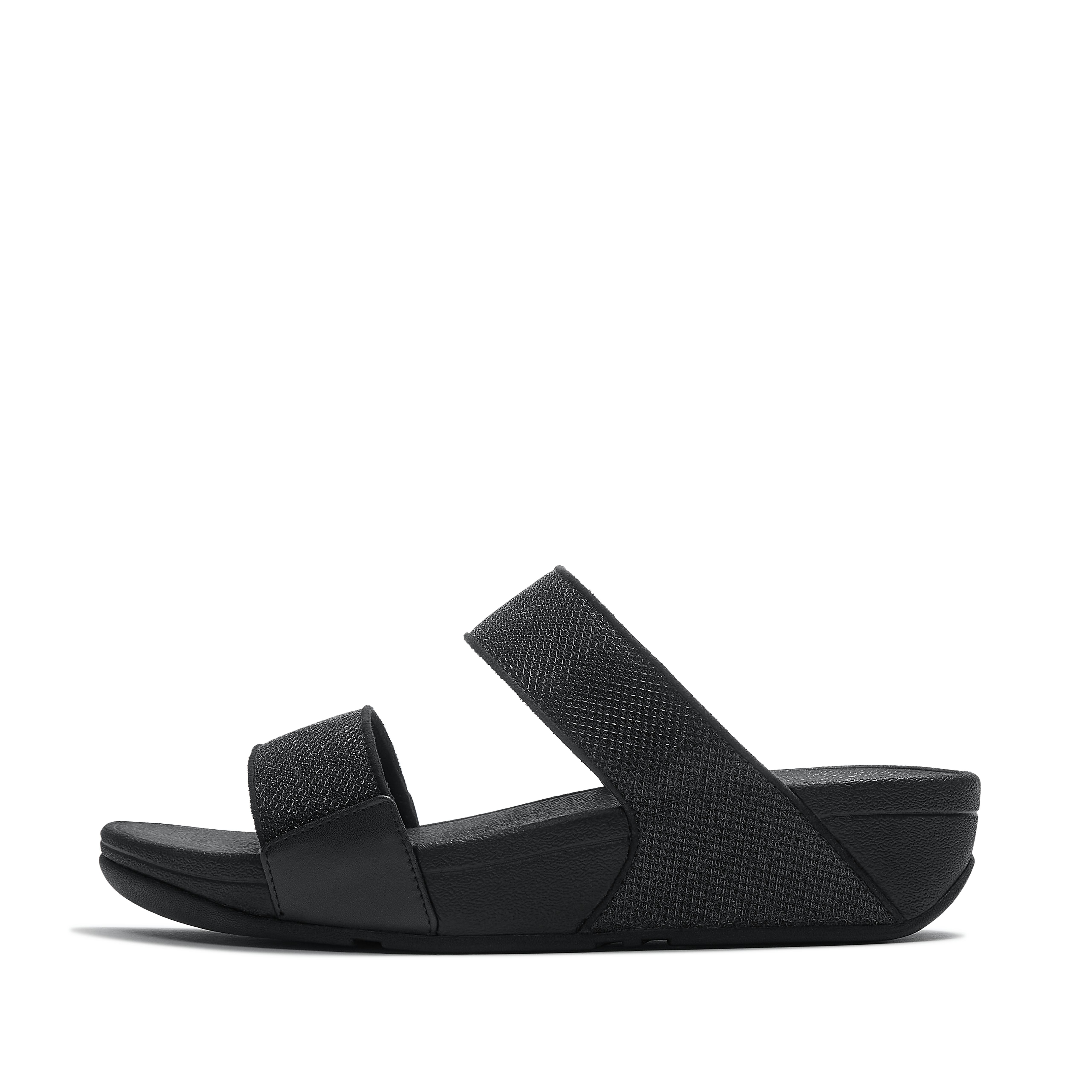 FitFlop LULU Shimmerglitz Slides Cotton/Pu, Full Price, Black, Size: US 6