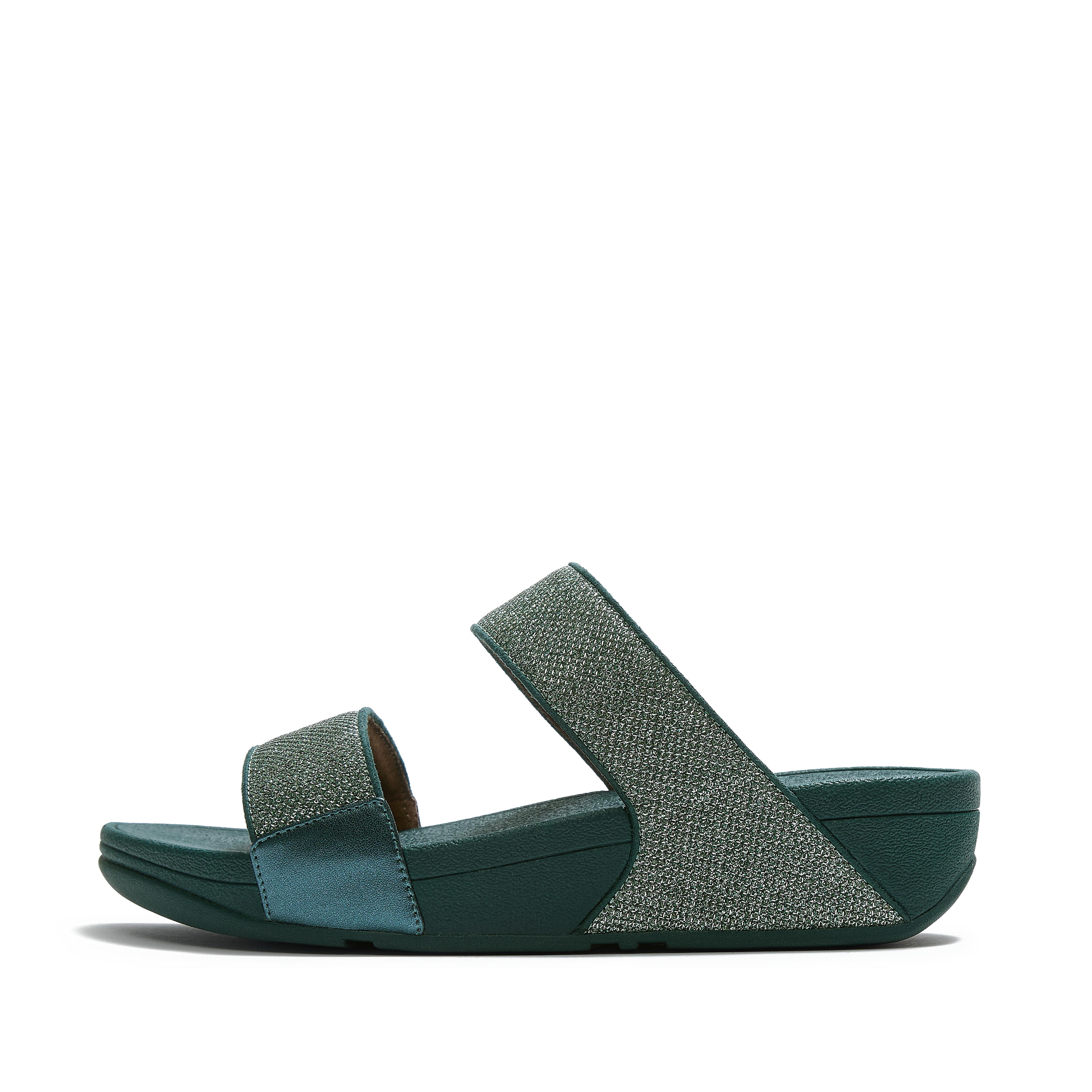 FitFlop LULU Shimmerglitz Slides Leather/Pu, Full Price, Ocean Blue, Size: US 11