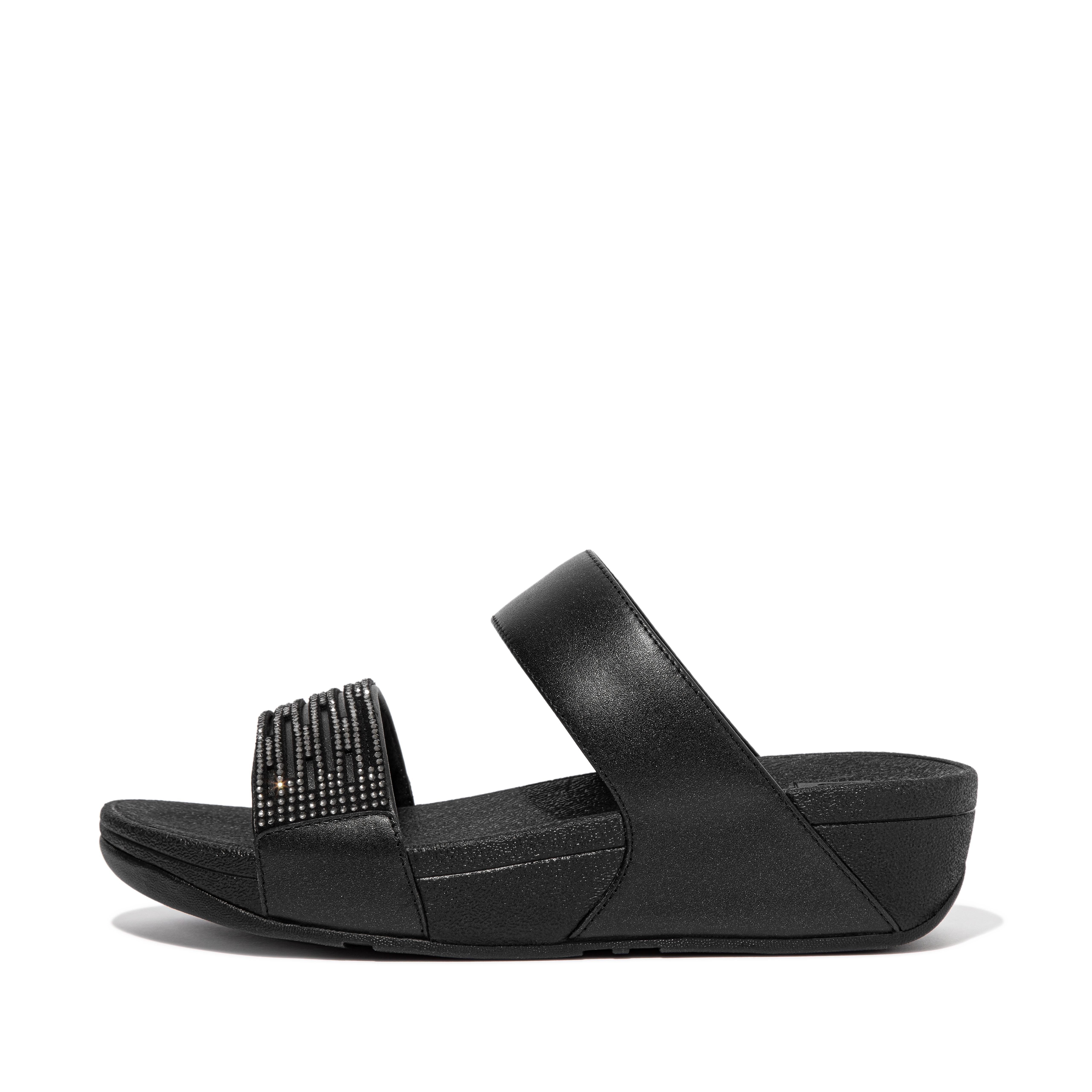 Women LULU Lasercrystal Leather Slides, Outlet