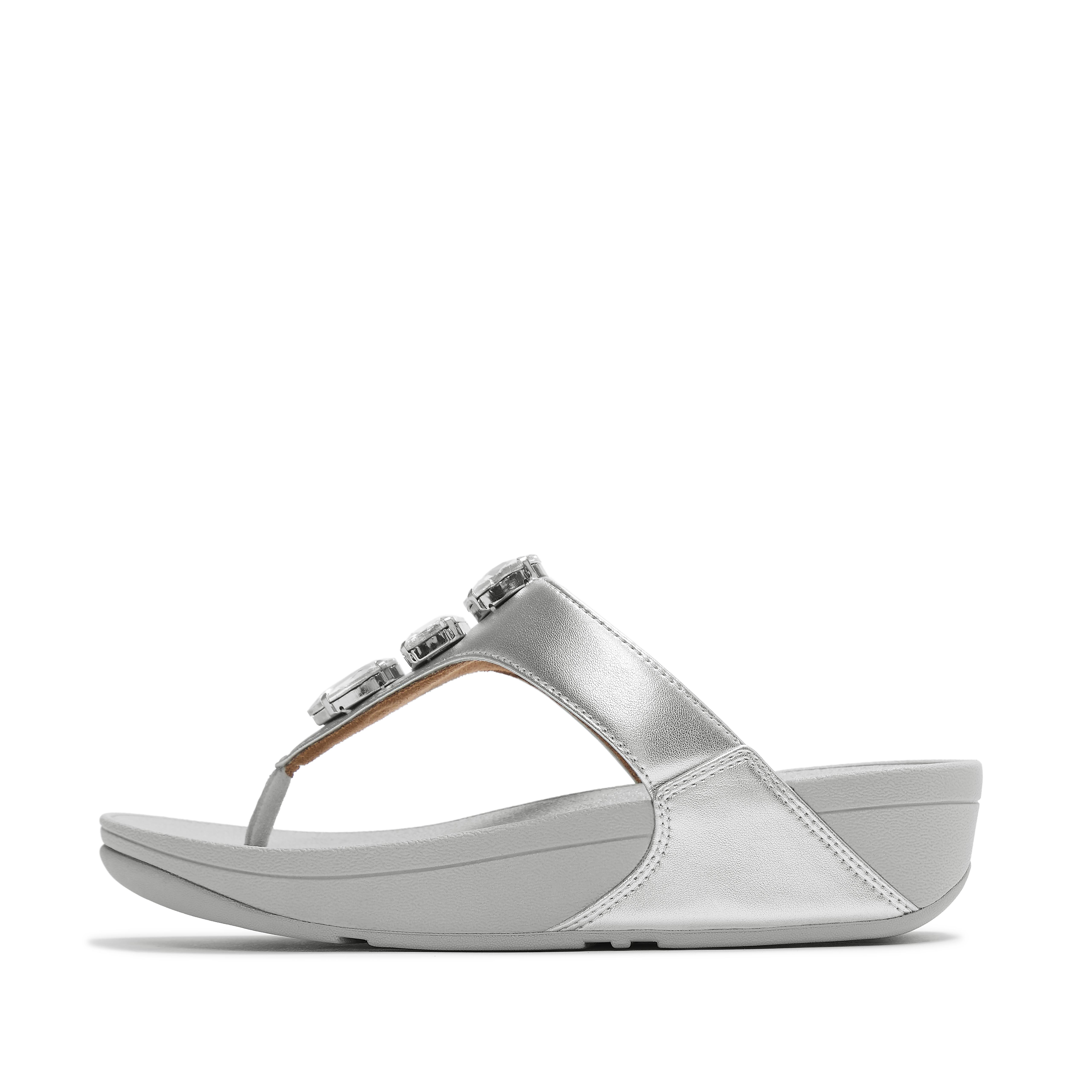 FitFlop LULU Ultra-Jewel Metallic Toe-Post Sandals Faux Leather Pu, Full Price, Silver, Size: US 5