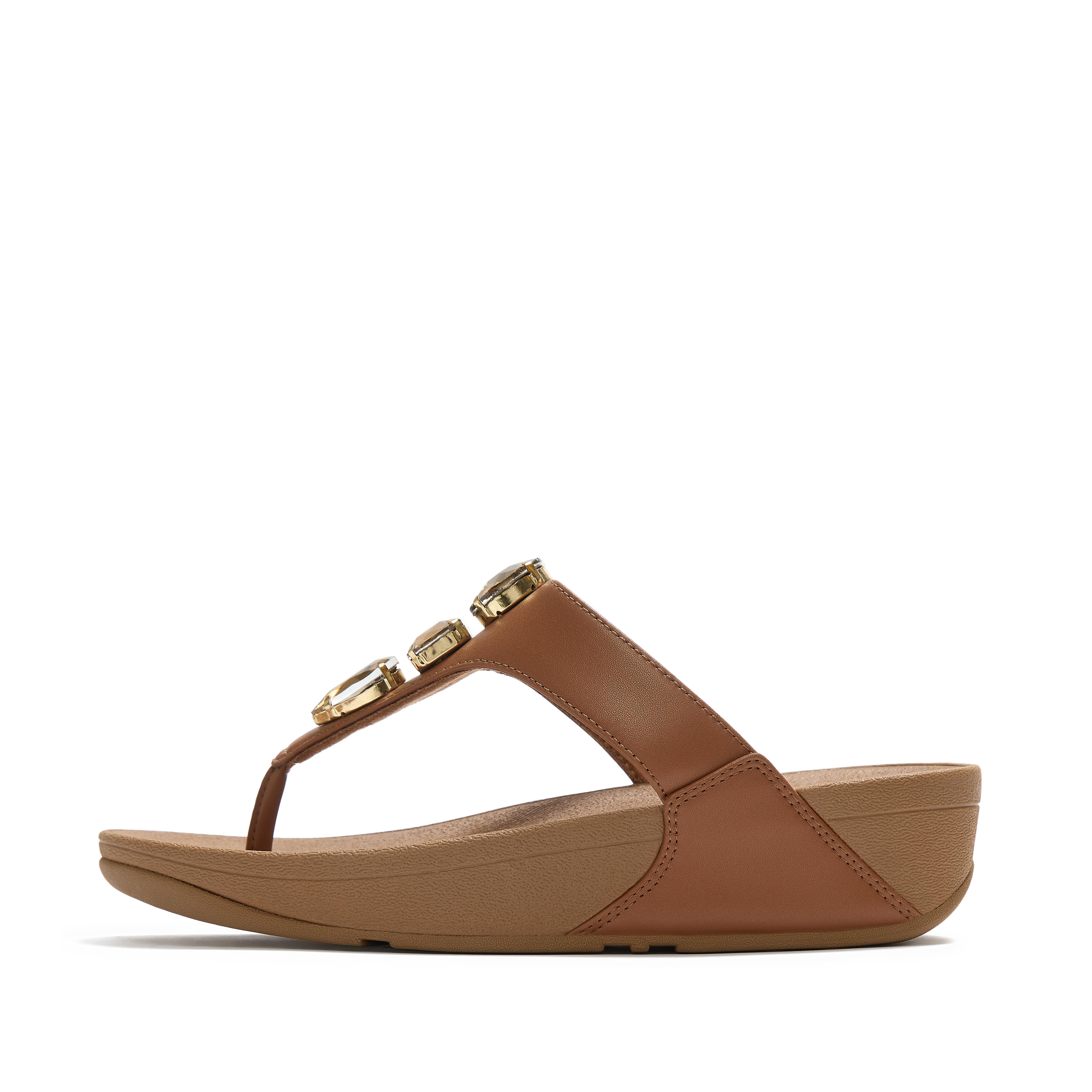 Fit Flop  Lulu Ultra-Jewel Toe-Post Sandals Deep Tan Leather in Women's size 4