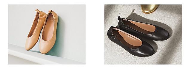 Nude coloured ballerina shoes are places on a small shelf. Black ballerina shoes are placed on a grey carpet.