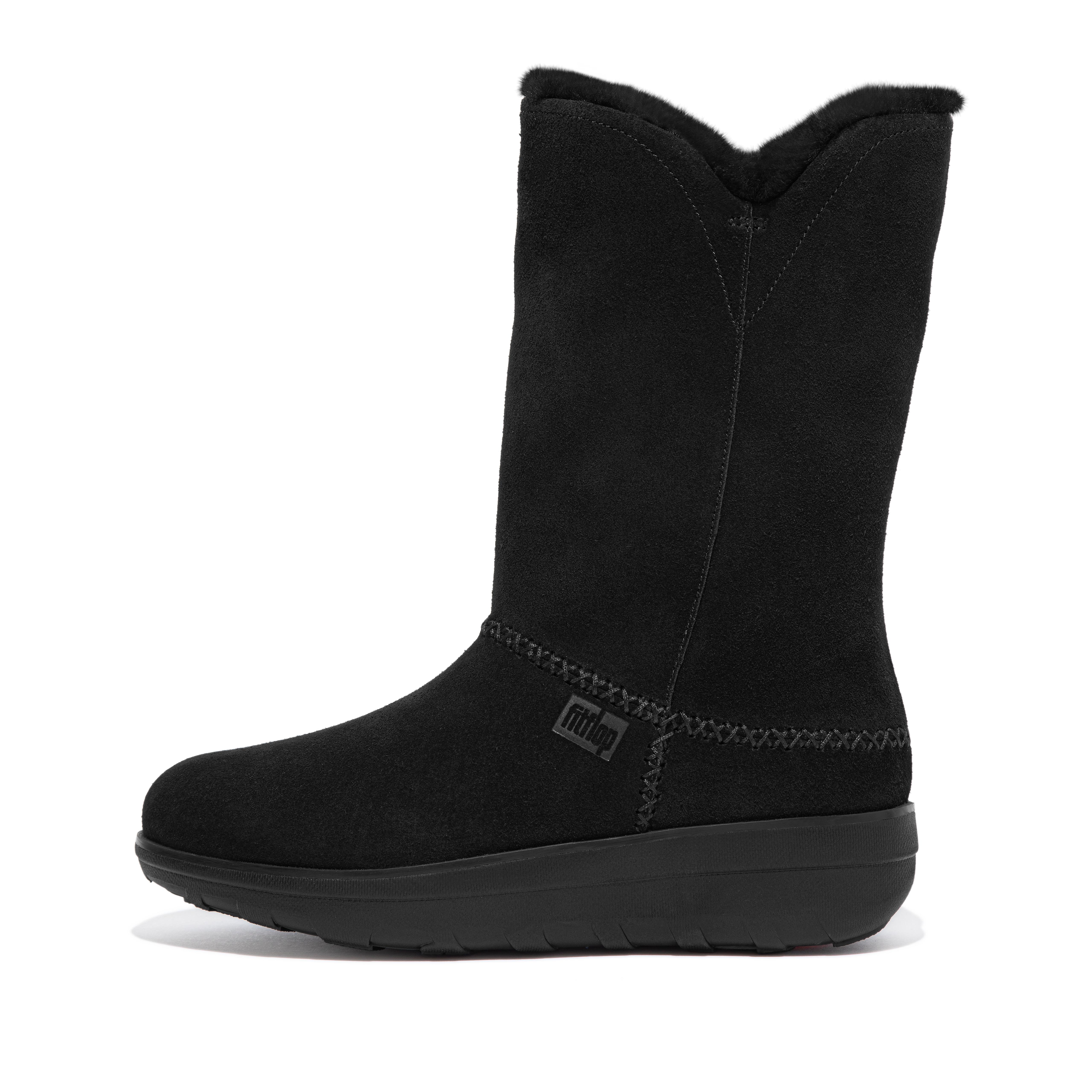 핏플랍 FitFlop MUKLUK Shearling-Lined Suede Calf Boots,All Black