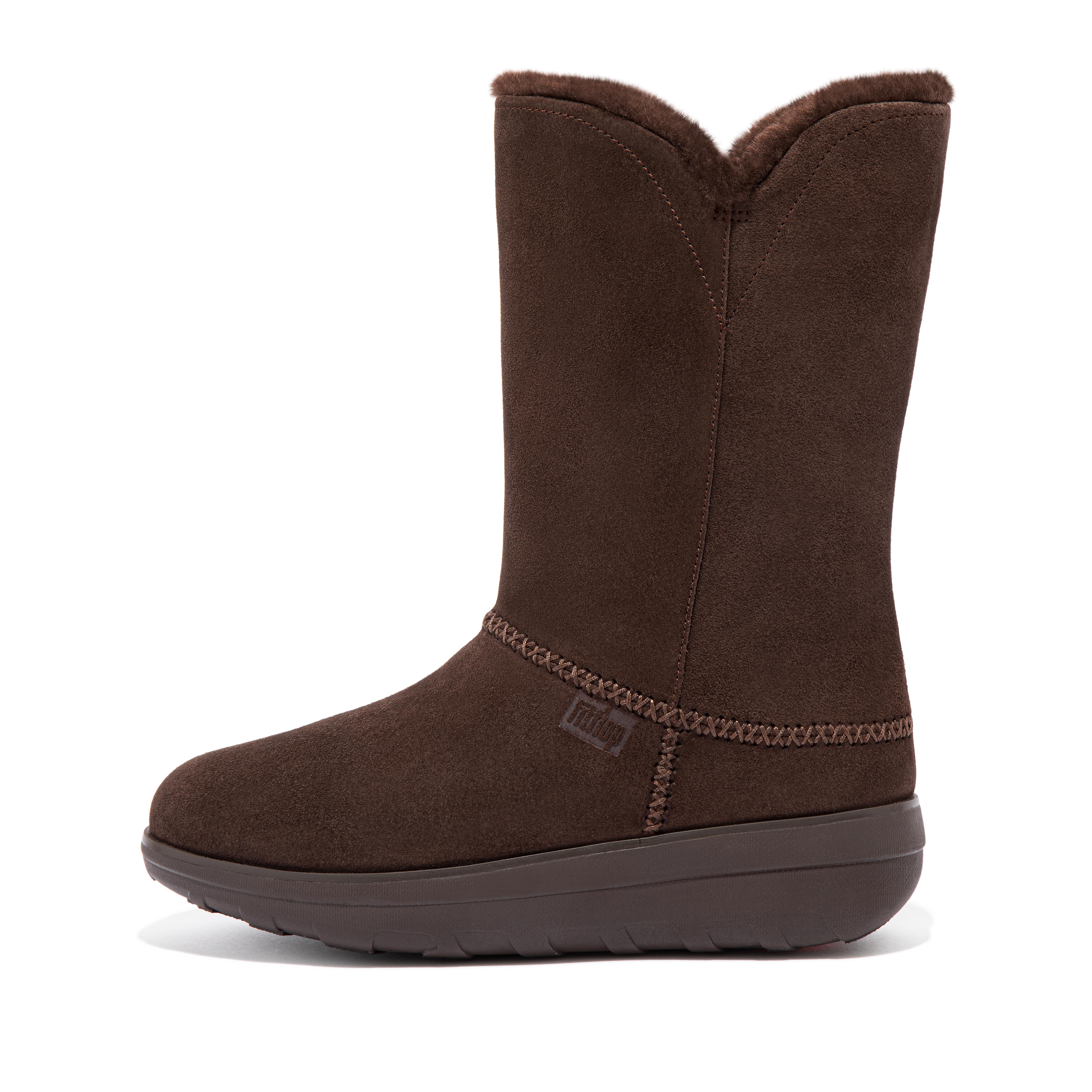 핏플랍 FitFlop MUKLUK Shearling-Lined Suede Calf Boots,Chocolate Brown