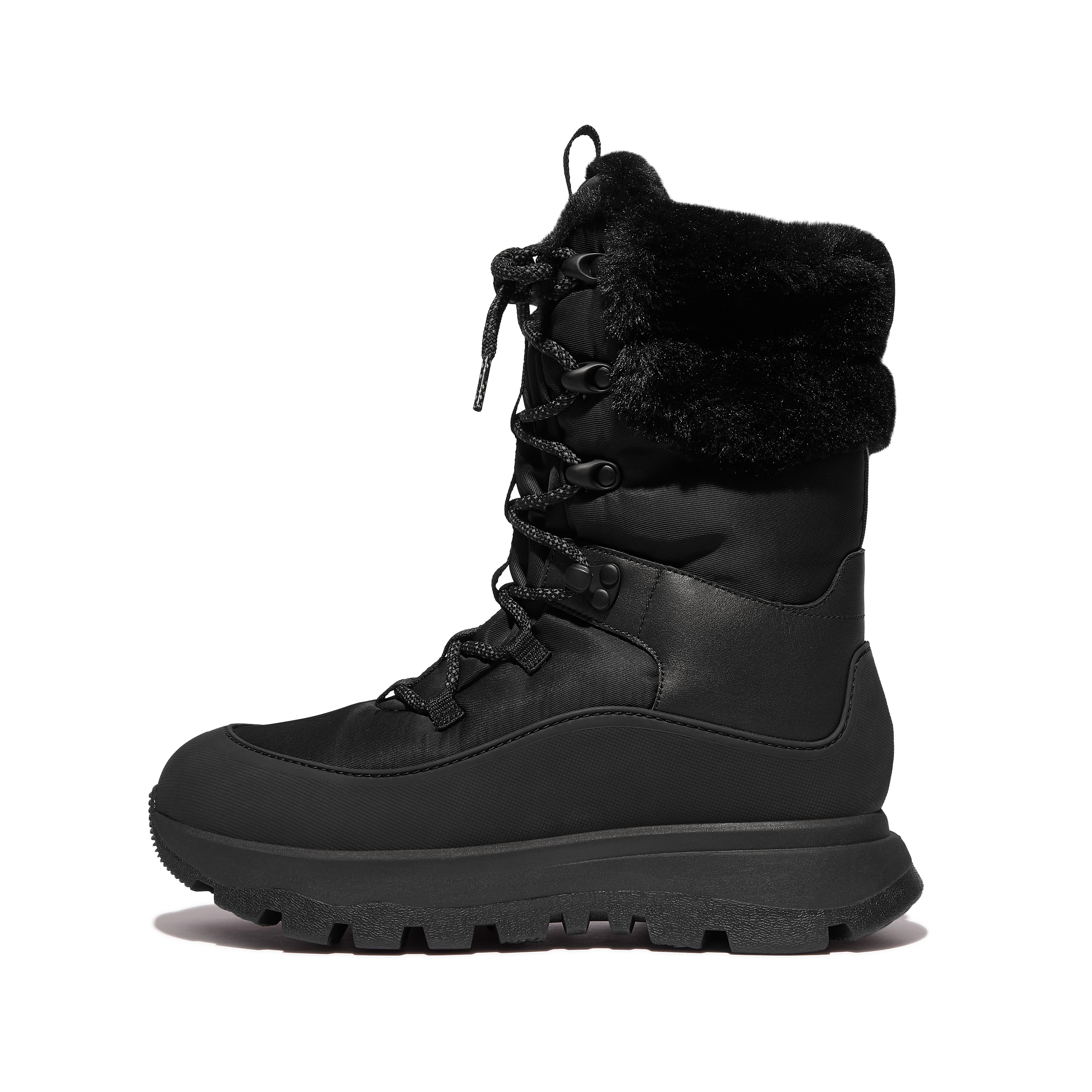 FitFlop NEO-D-HYKER Waterproof Plush-Collar Sub-Zero Mid-Calf Walking Boots Polyester/Leather/Rubber, Outlet, All Black, Size: US 5