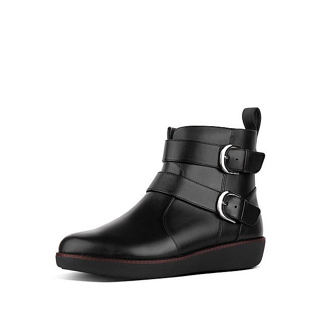 Fitflop black leather ankle boots with silver buckles