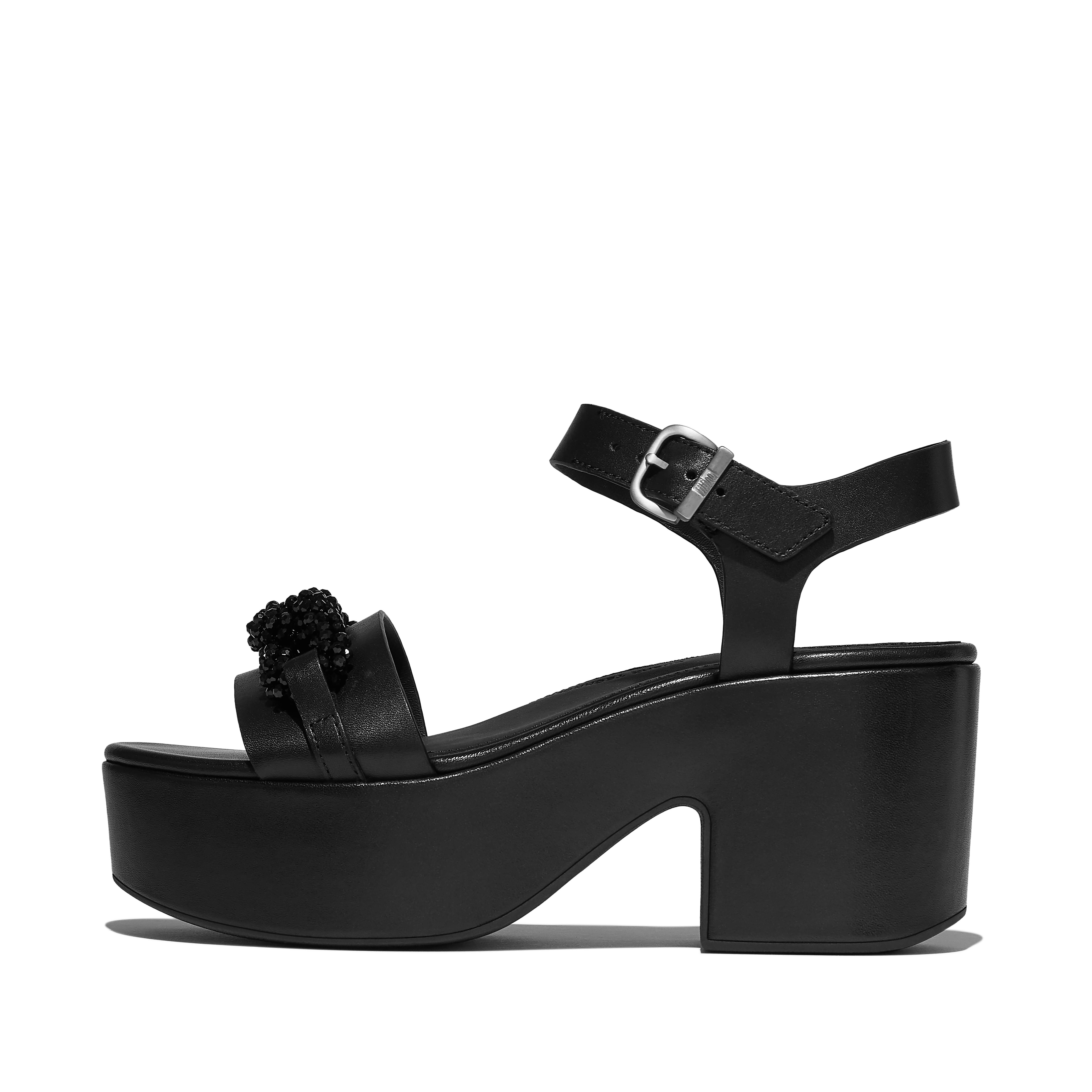 FitFlop PLATFFORMS Leather Ankle-Strap Sandals, Outlet, Black, Size: US 10
