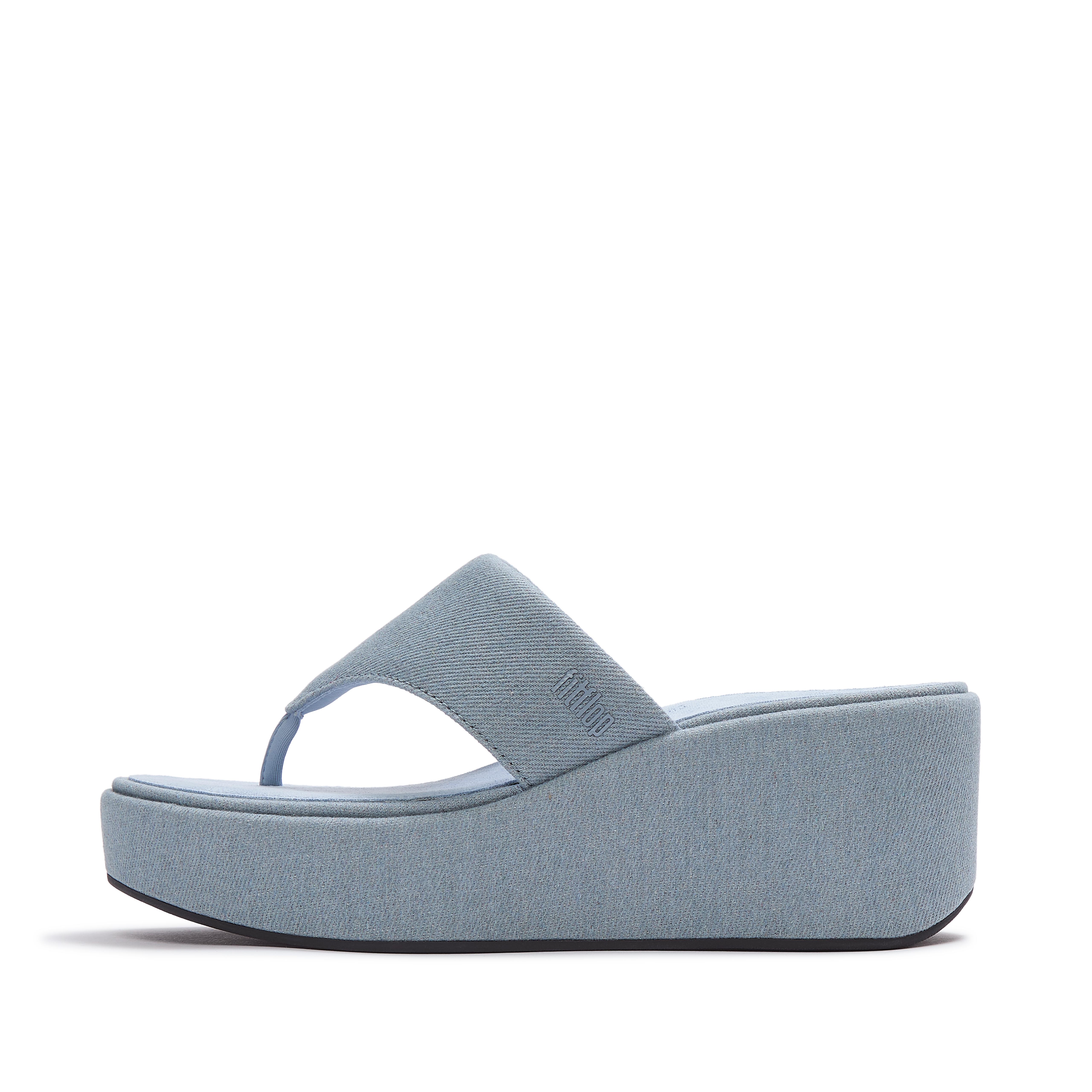 FitFlop PLATFFORMS Denim Wedge Toe-Post Sandals Polyester-Cotton, Full Price, Light Denim, Size: US 6