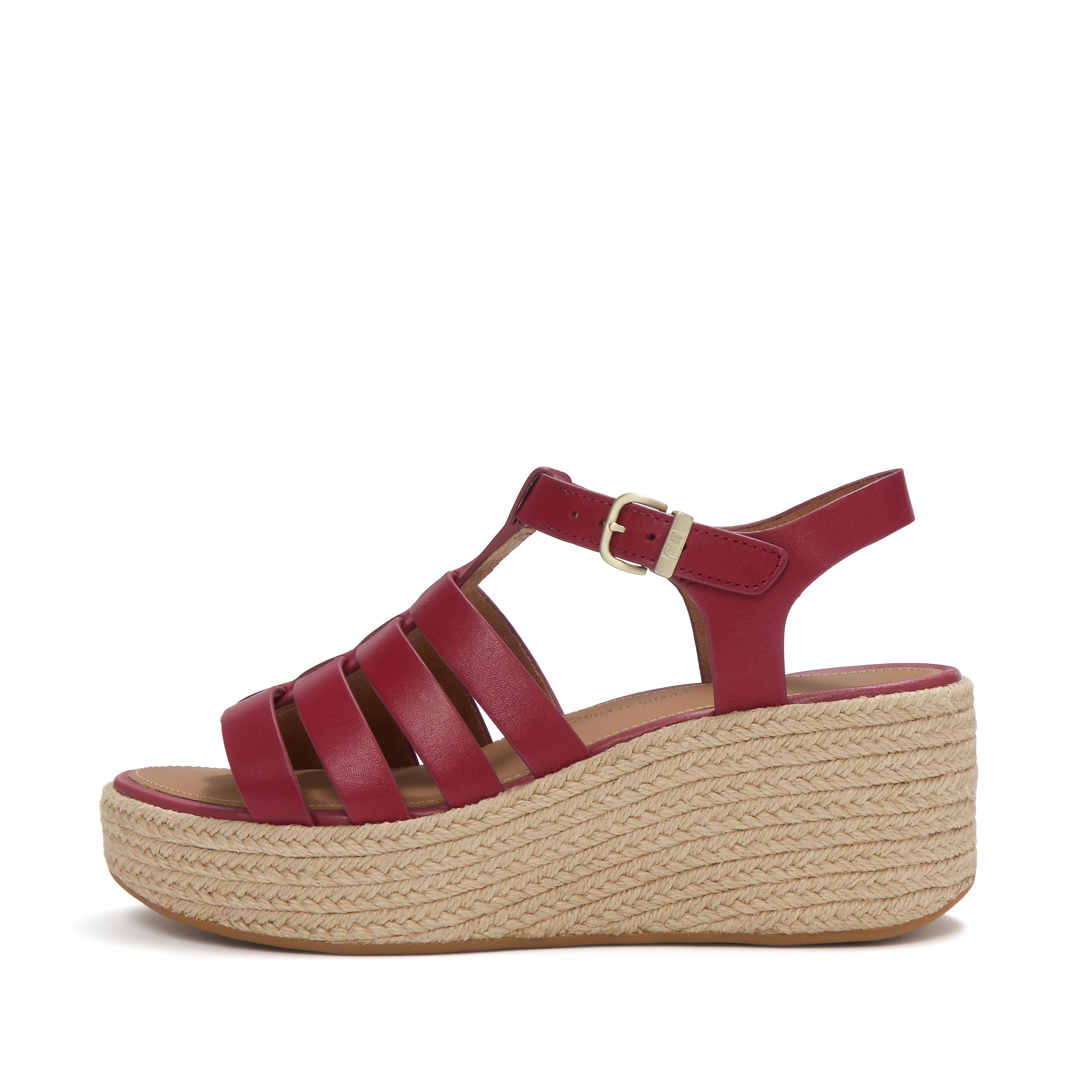 FitFlop PLATFFORMS Espadrille Leather Fisherman Wedge Sandals, Full Price, Berry, Size: US 5