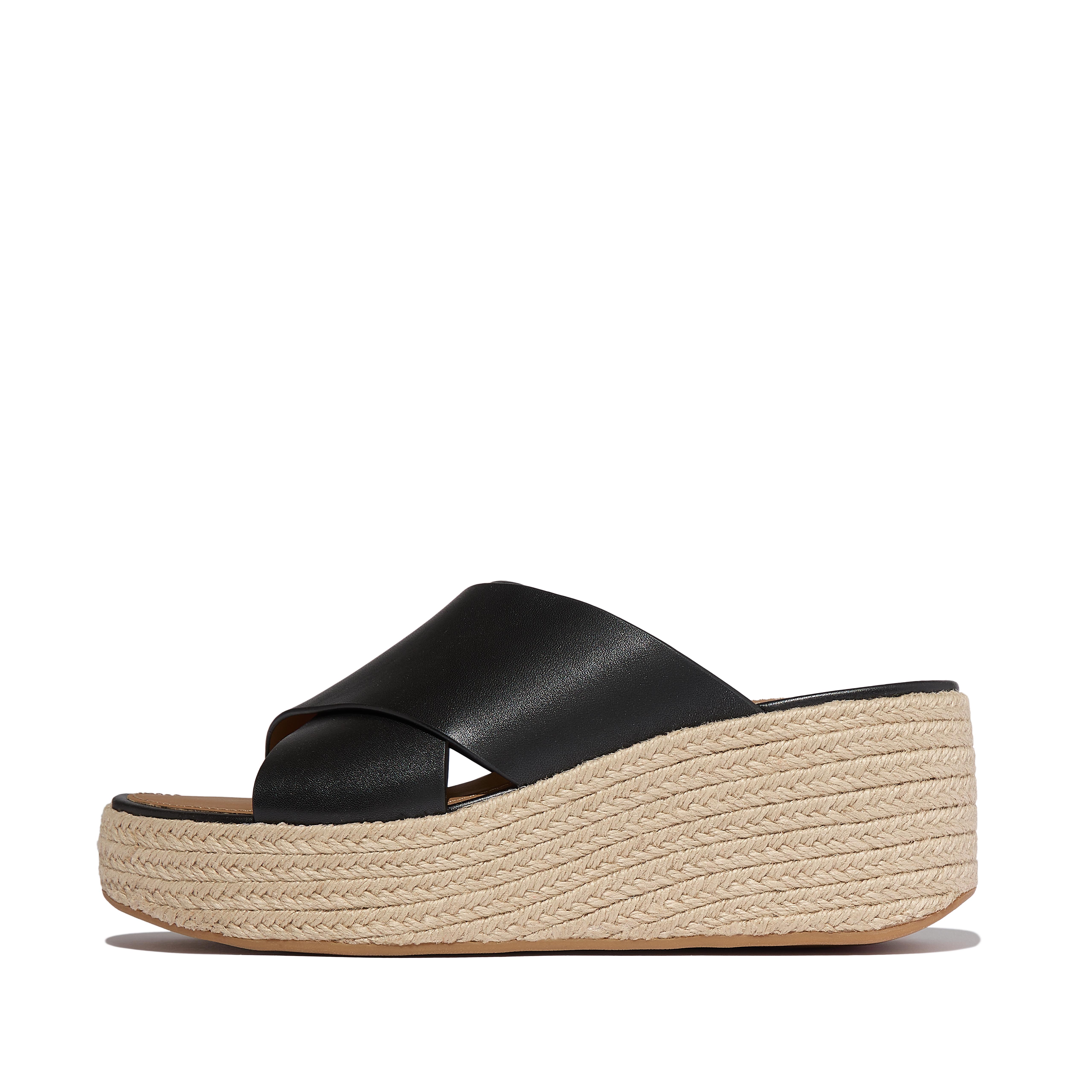 FitFlop PLATFFORMS Espadrille Leather Wedge Cross Slides, Full Price, Black, Size: US 6