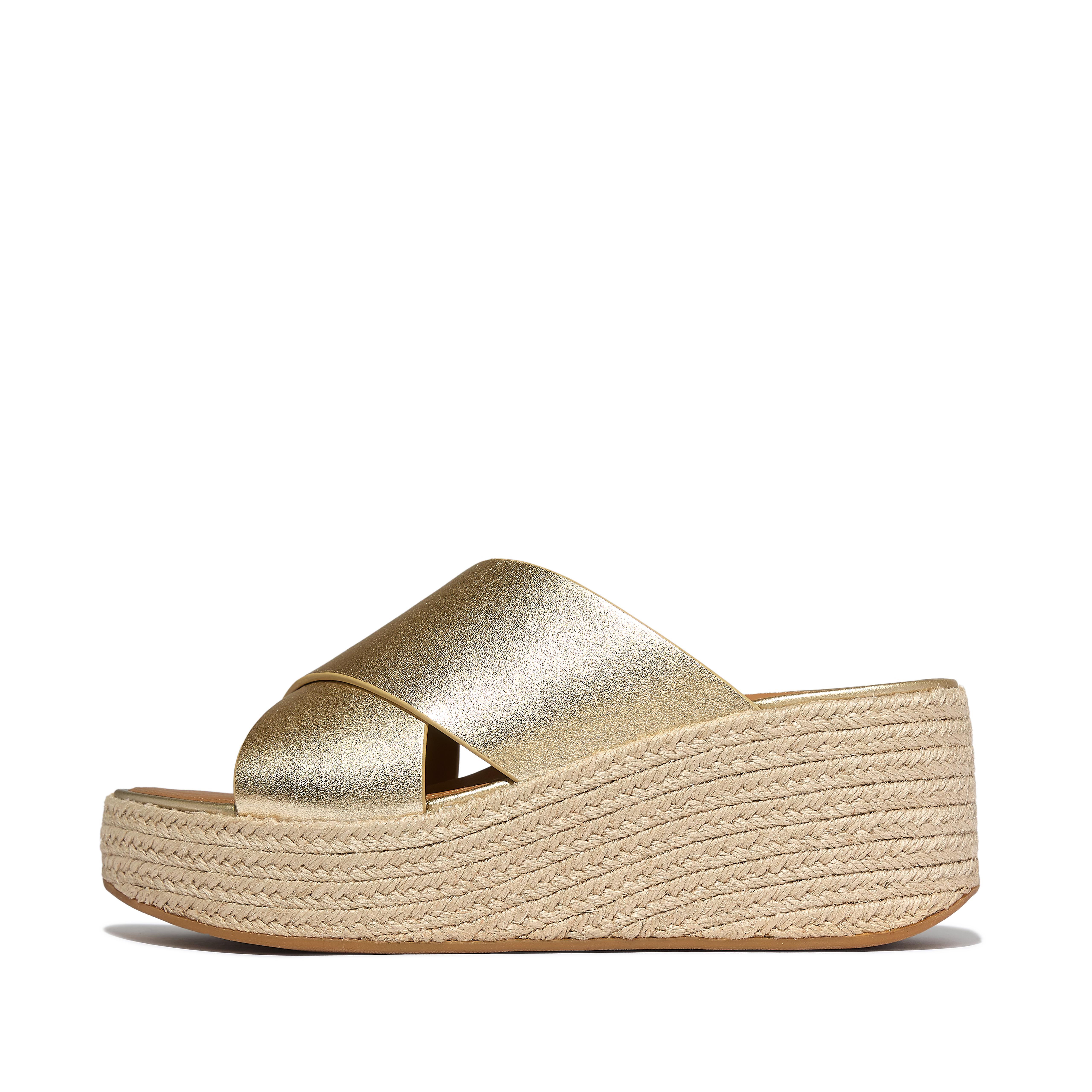 FitFlop PLATFFORMS Espadrille Metallic-Leather Wedge Cross Slides, Full Price, Platino, Size: US 5