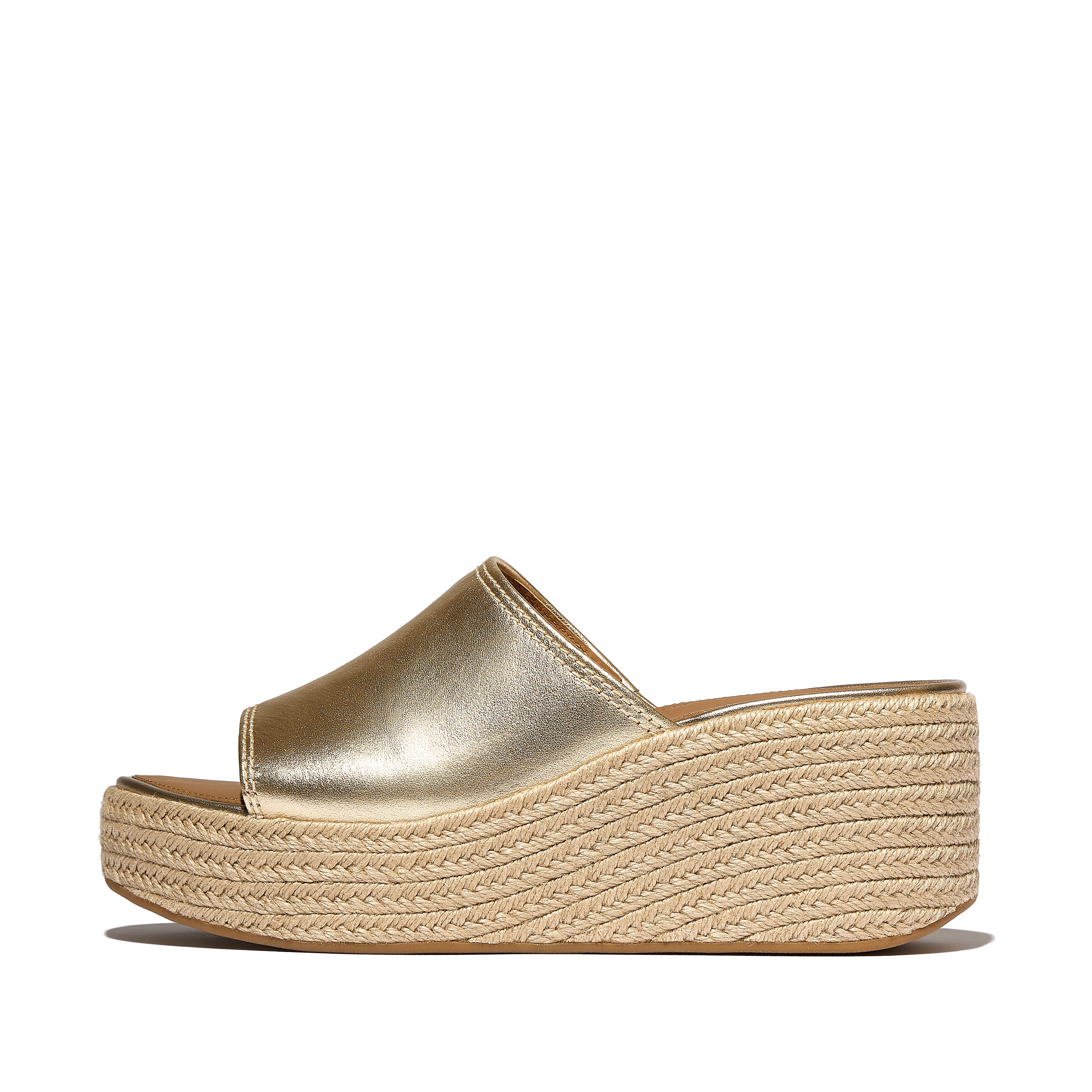 FitFlop PLATFFORMS Espadrille Metallic-Leather Wedge Slides, Outlet, Platino, Size: US 10