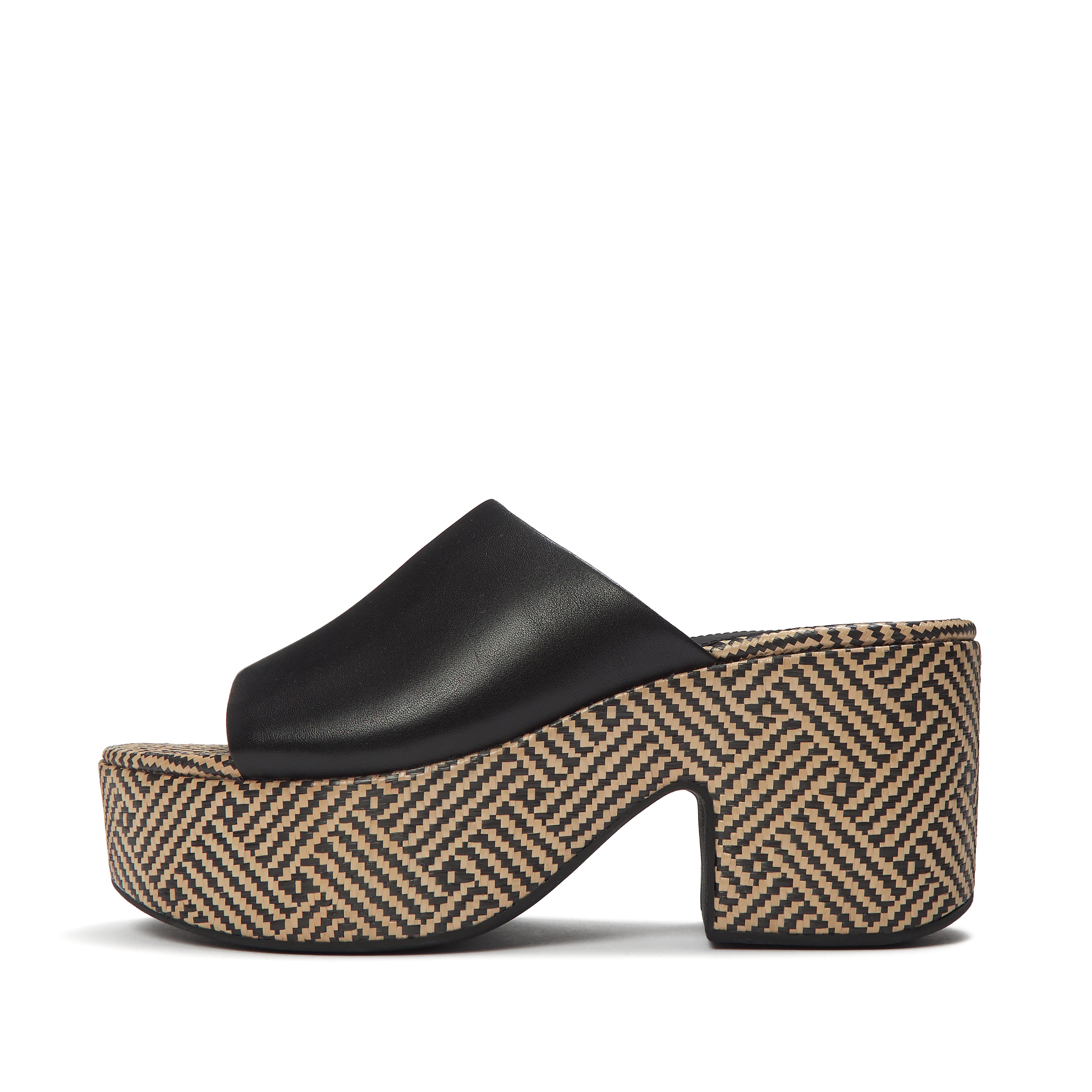 FitFlop PLATFFORMS Graphic-Weave Leather Heeled Slides, Full Price, Black, Size: US 6.5