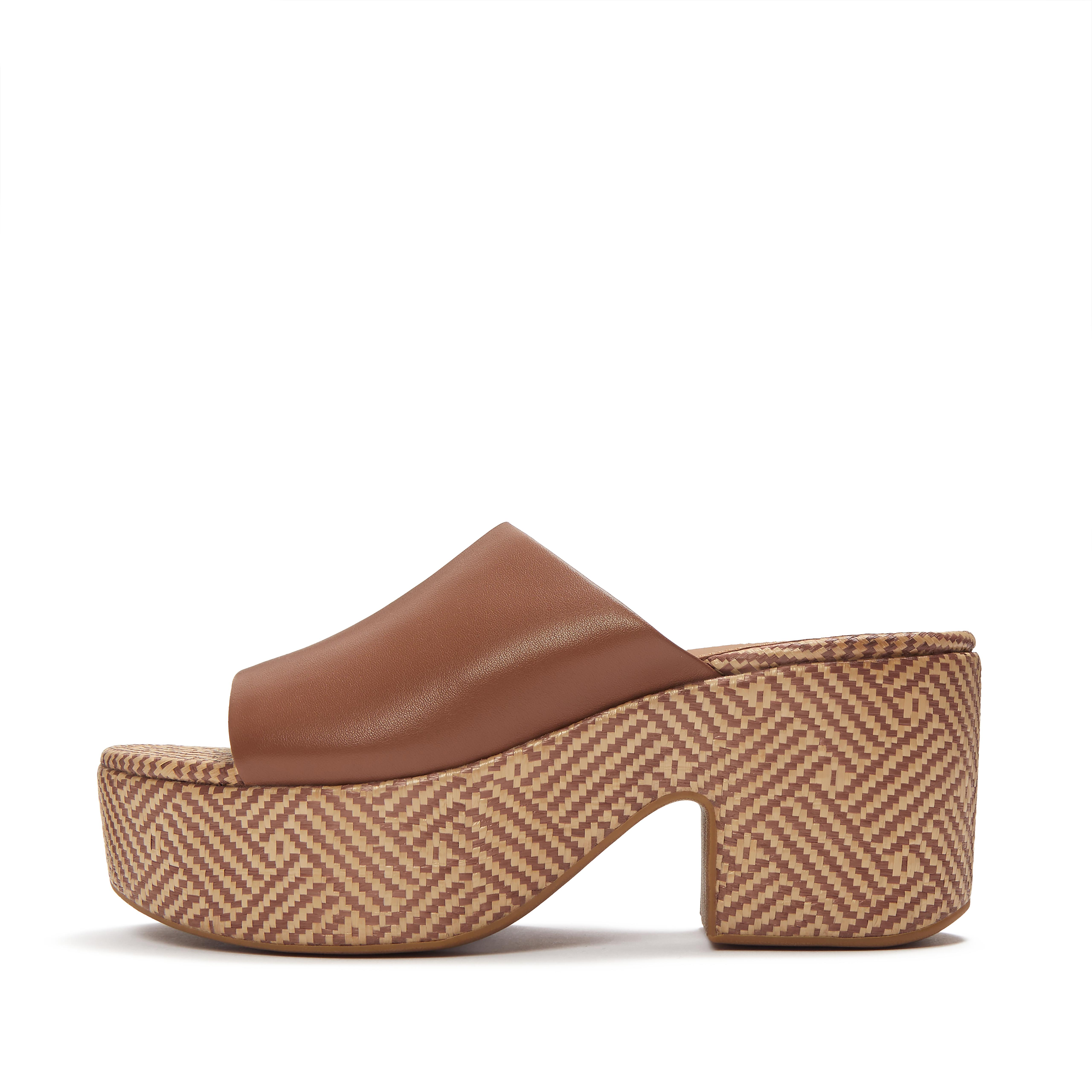 FitFlop PLATFFORMS Graphic-Weave Leather Heeled Slides, Full Price, Deep Tan, Size: US 10
