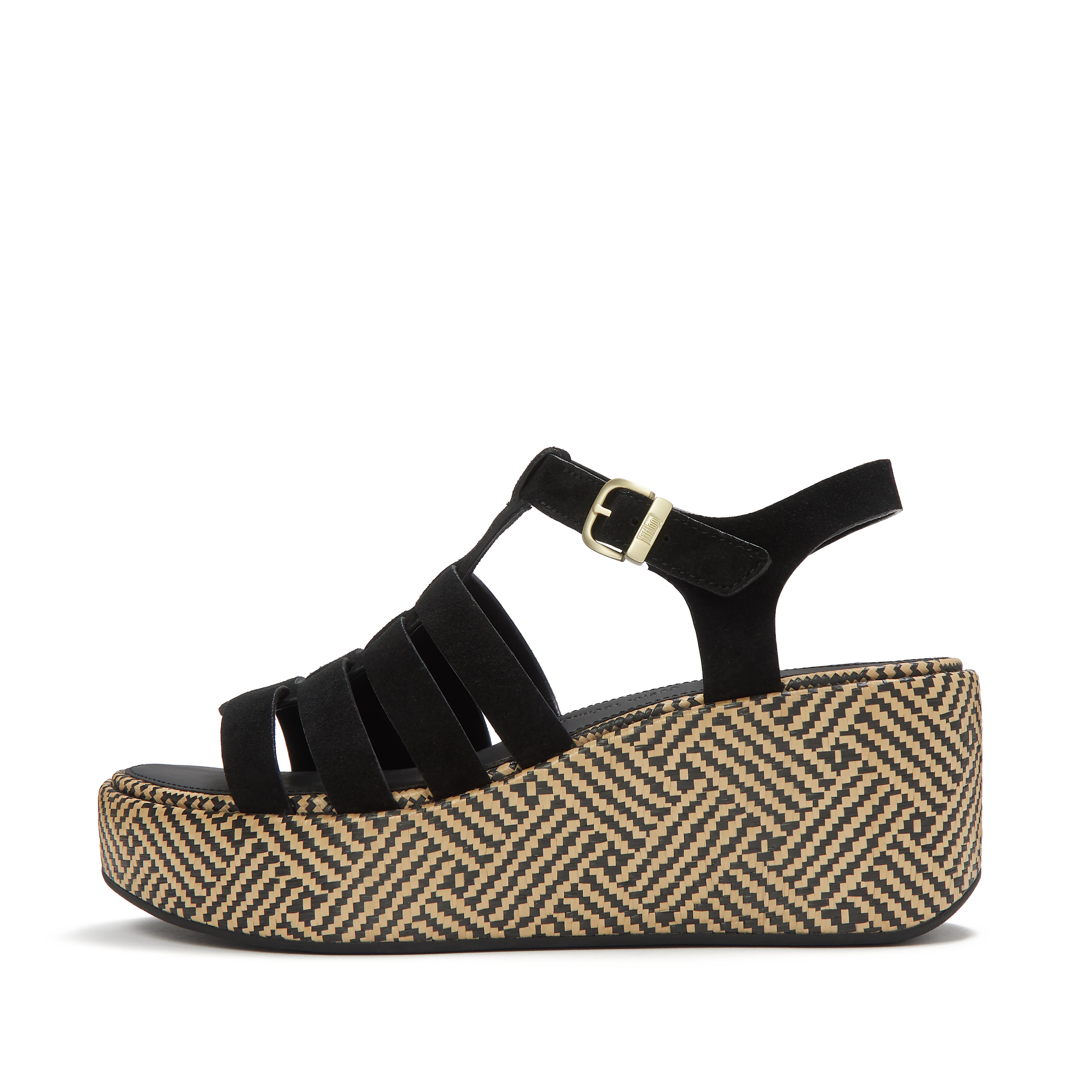 FitFlop PLATFFORMS Graphic-Weave Suede Fisherman Wedge Sandals Leather, Full Price, Black, Size: US 5