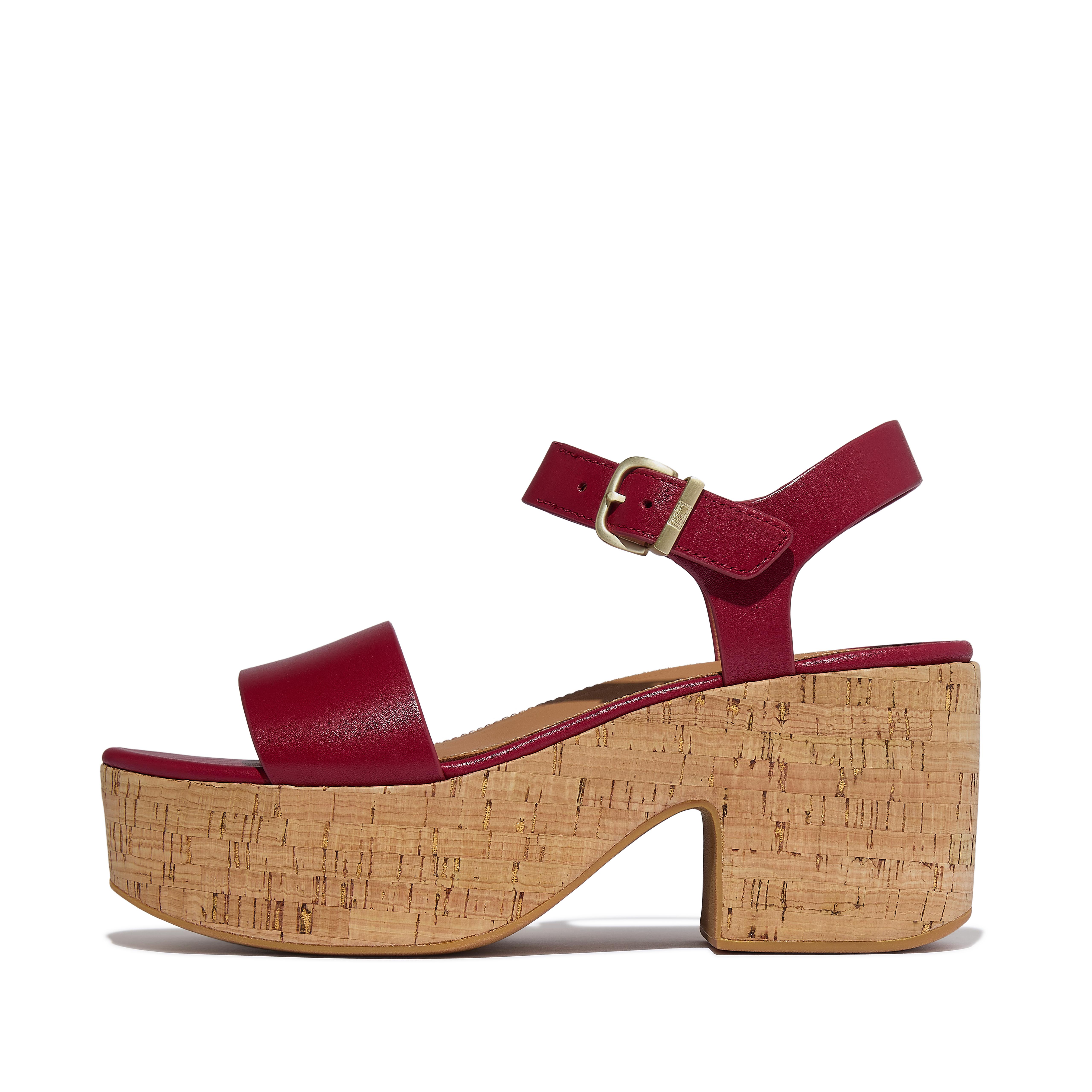 FitFlop PLATFFORMS Leather/Cork Heeled Ankle-Strap Sandals, Full Price, Berry, Size: US 8