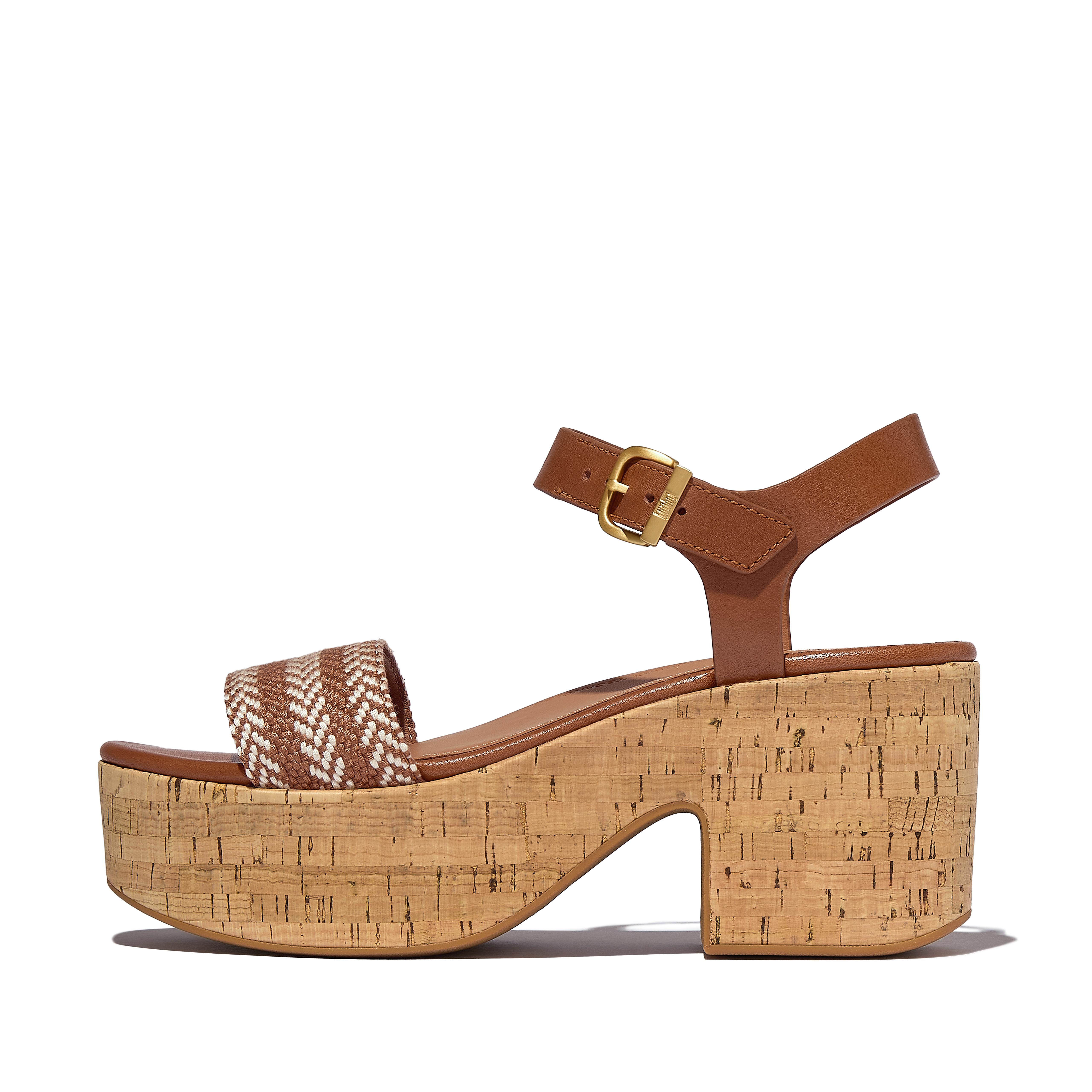 FitFlop PLATFFORMS V-Weave/Cork Heeled Ankle-Strap Sandals Webbing Polyester/Leather, Outlet, Deep Tan, Size: US 11