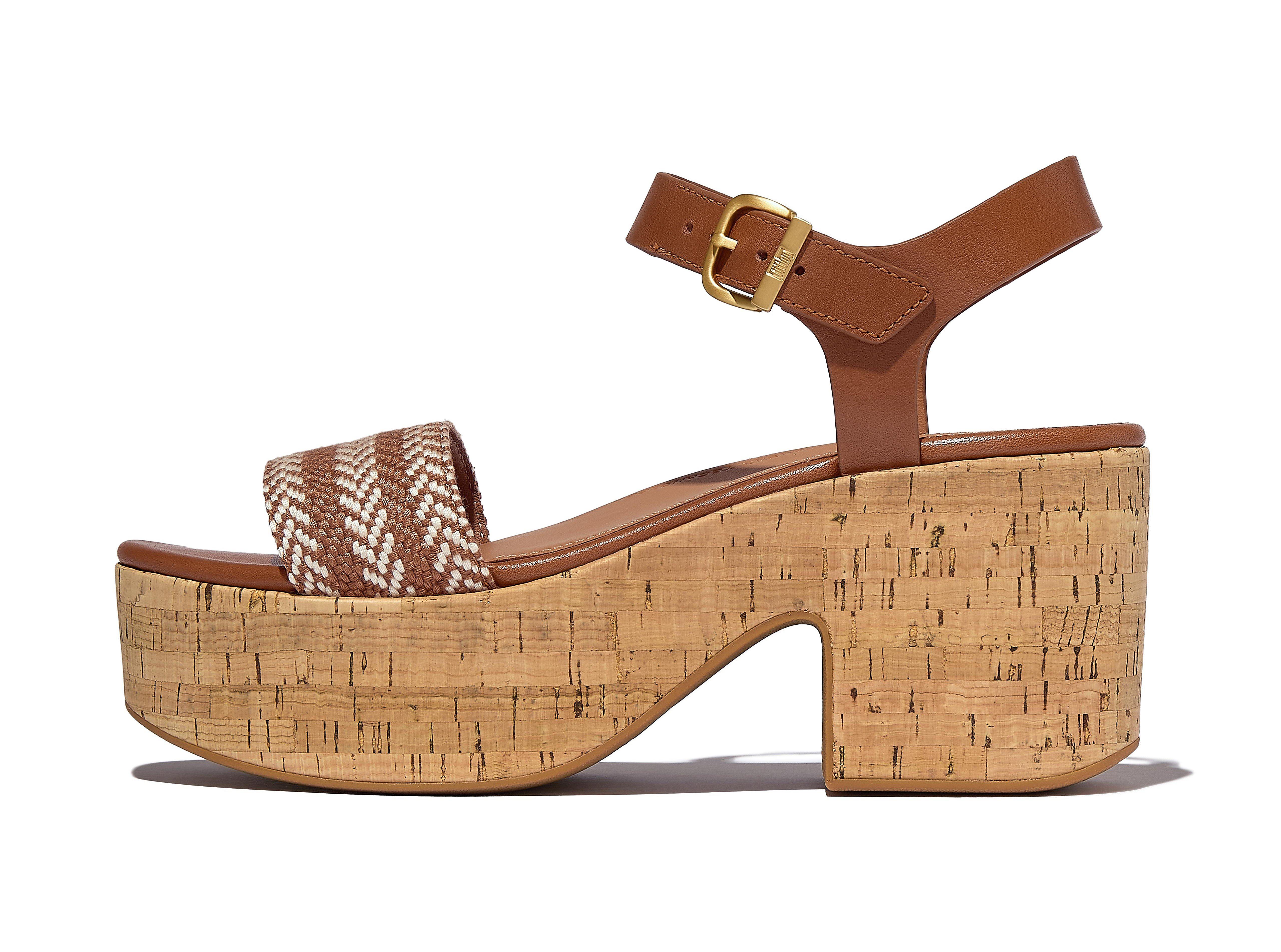 PLATFFORMS V-Weave/Cork Heeled Ankle-Strap Sandals