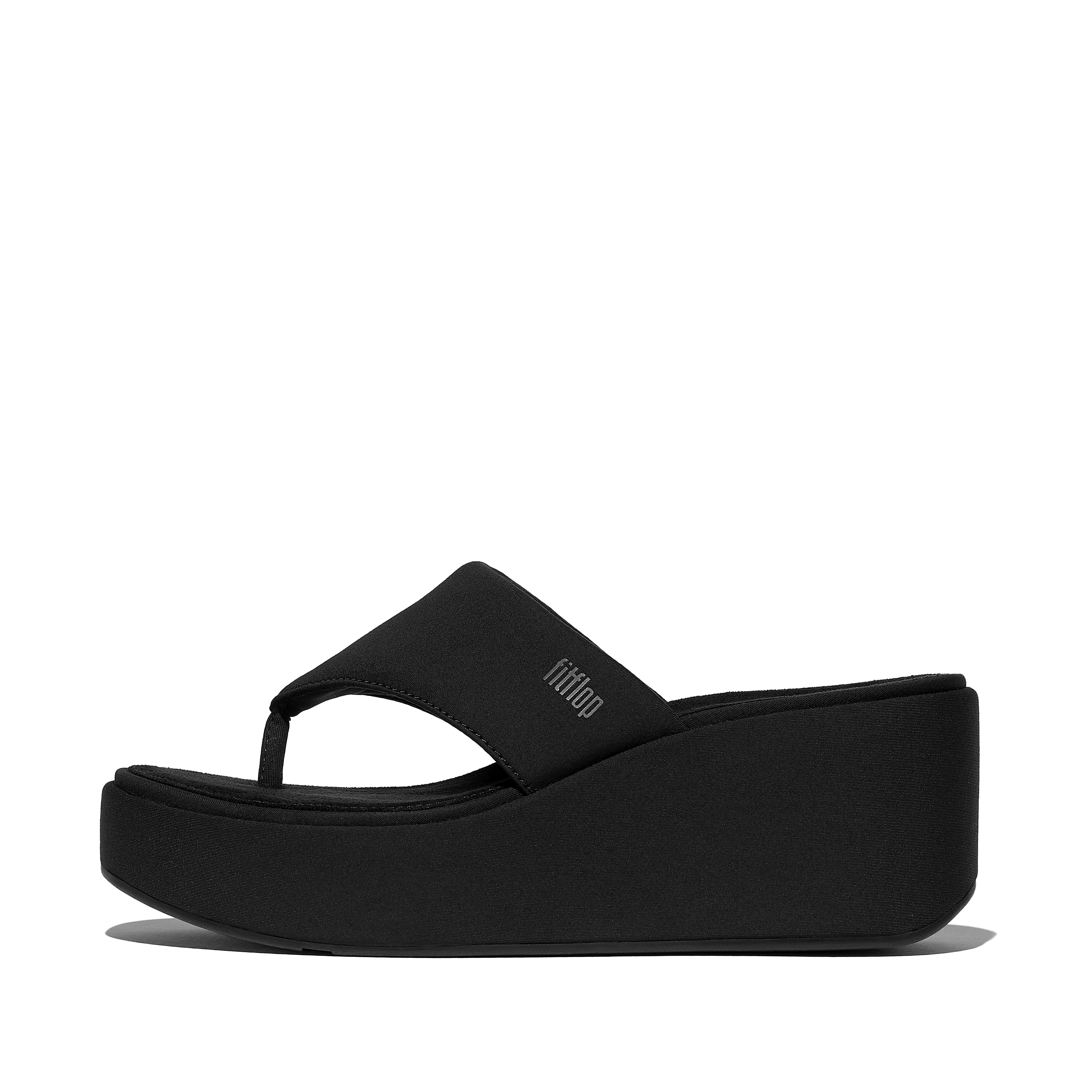 FitFlop PLATFFORMS Wedge Toe-Post Sandals Fabric, Full Price, All Black, Size: US 6.5