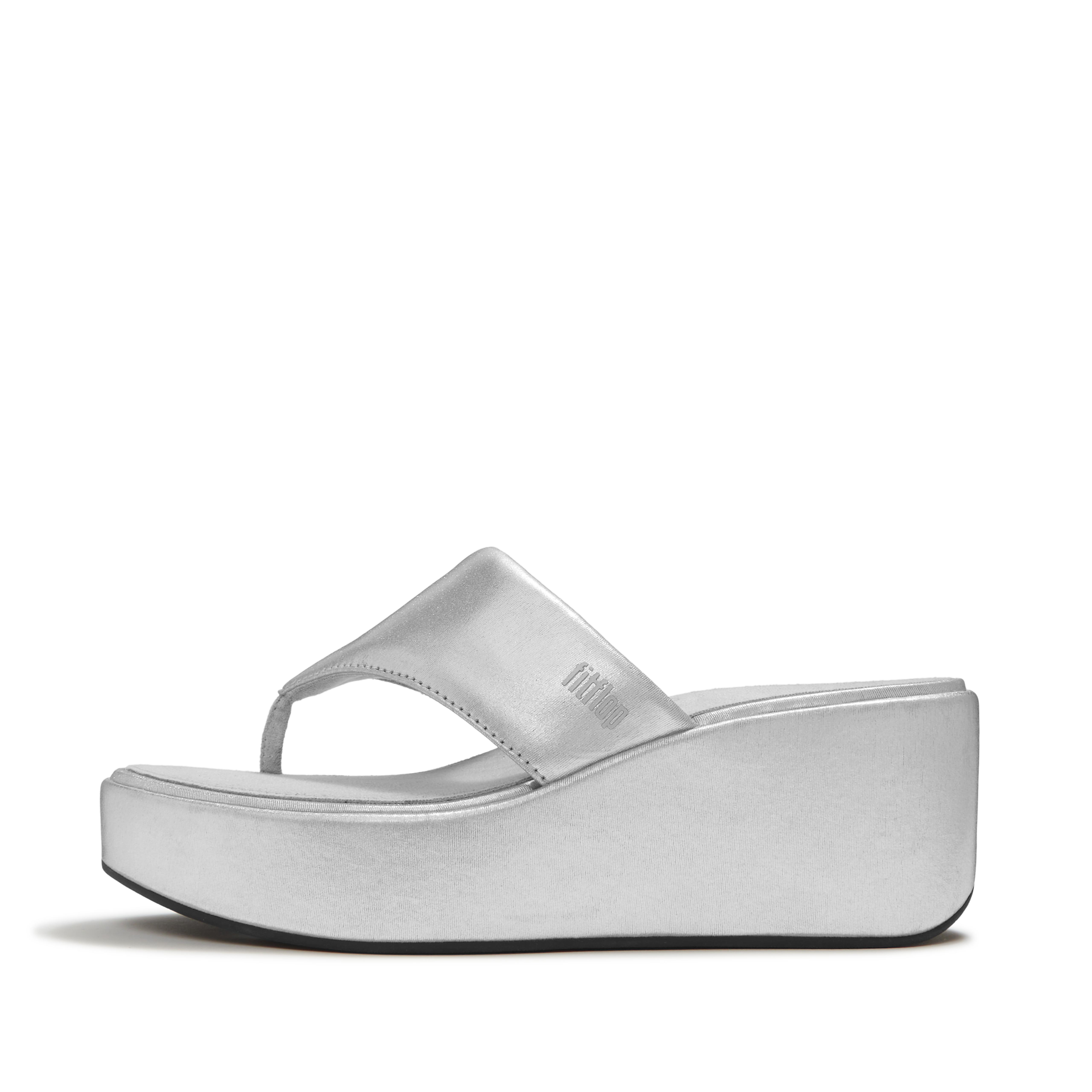 FitFlop PLATFFORMS Wedge Toe-Post Sandals Fabric, Full Price, Silver, Size: US 8.5