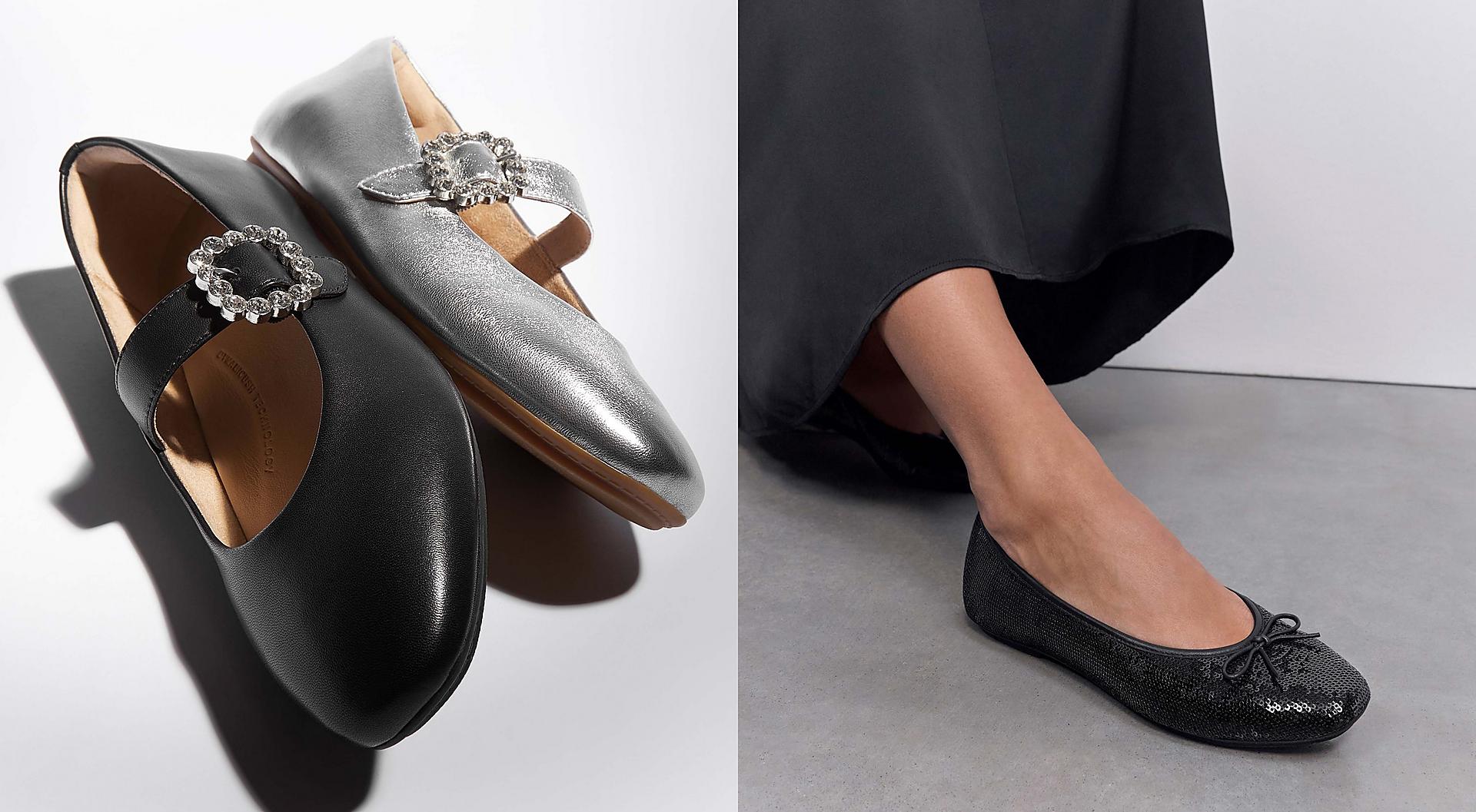 Two pairs of mary-jane style ballet flats with a crystal buckle in plain black leather and metallic.