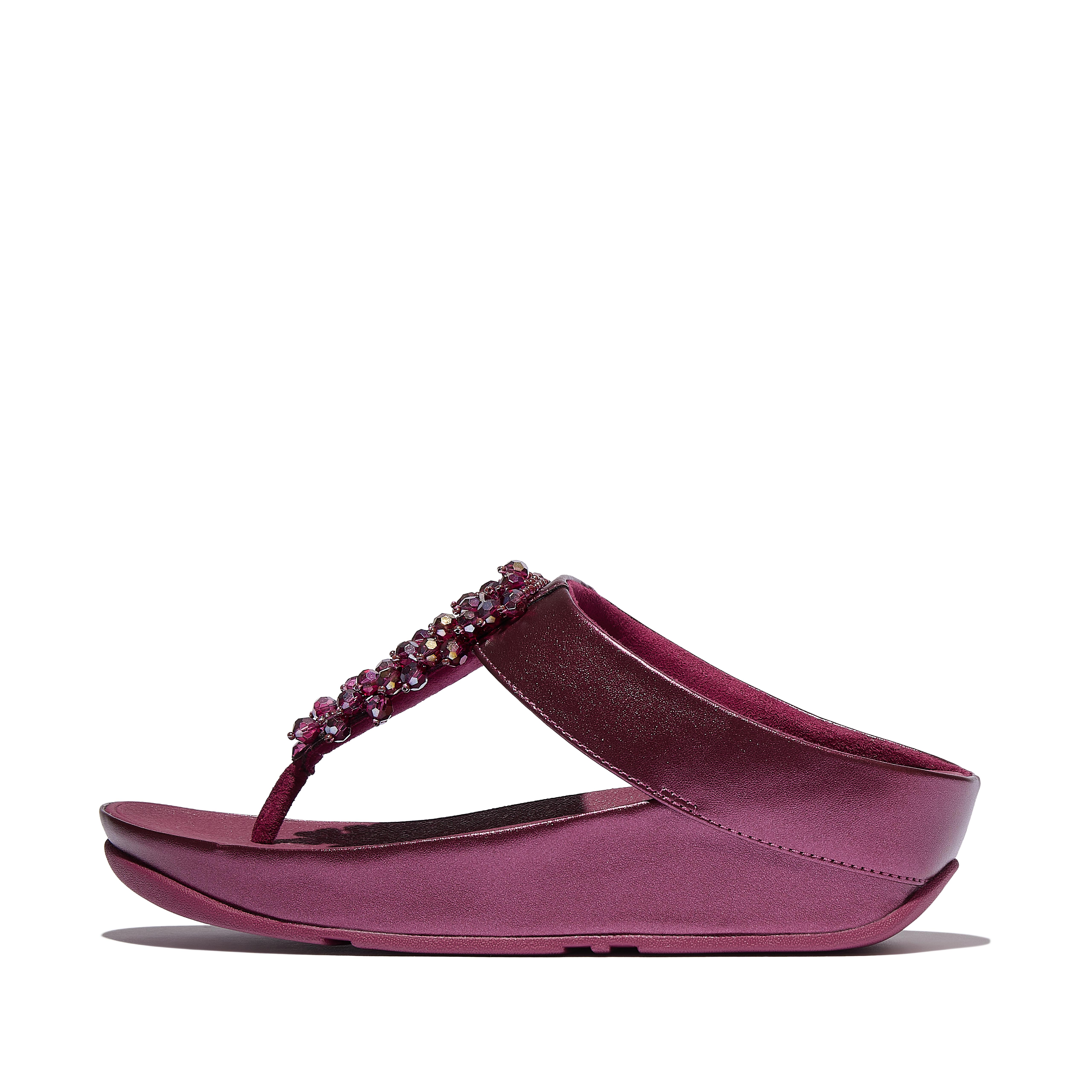 FitFlop RUMBA Metallic Beaded Toe-Post Sandals Faux Leather Pu, Outlet, Ruby, Size: US 6