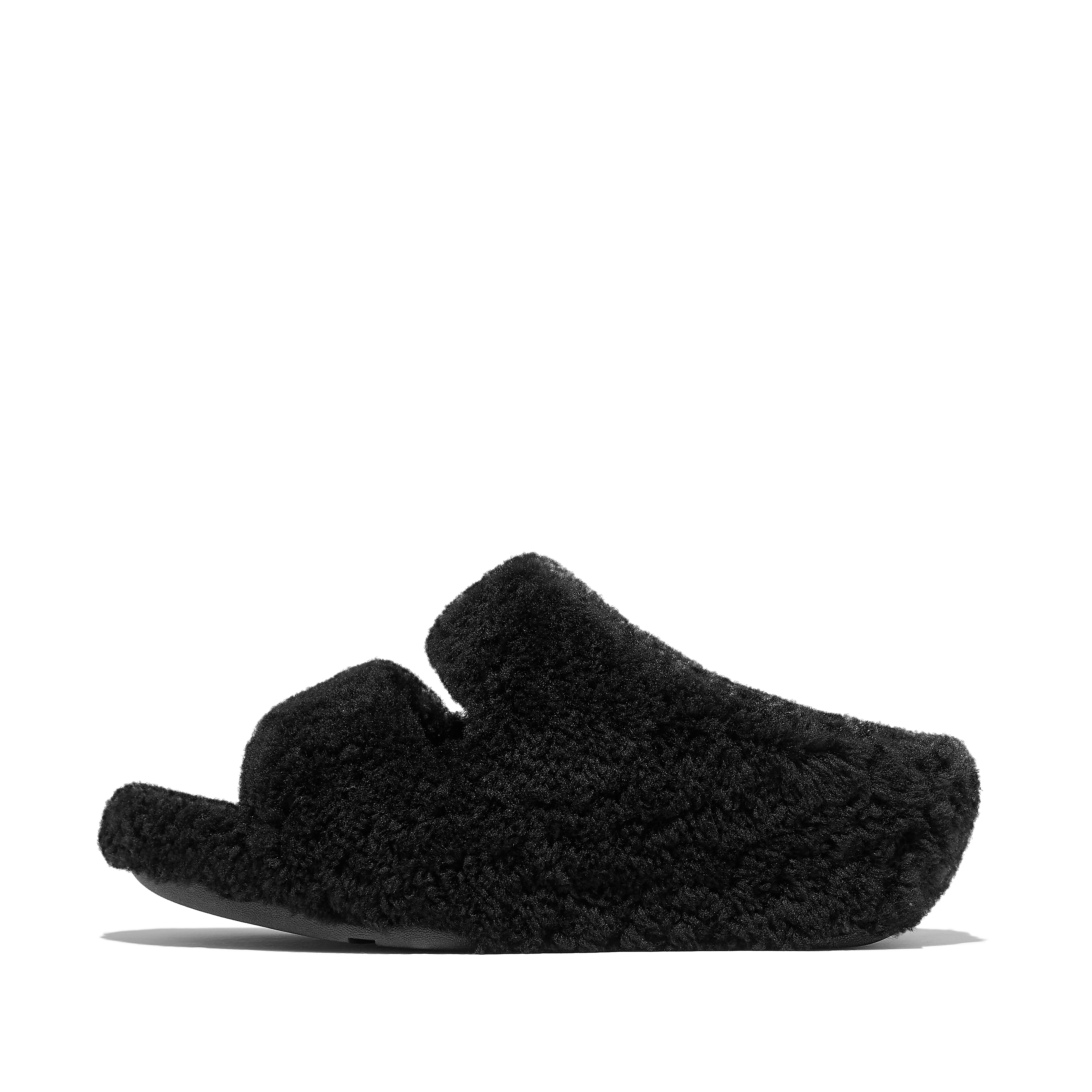 FitFlop SHUV Curly-Shearling Two-Bar Slides, Outlet, All Black, Size: US 5