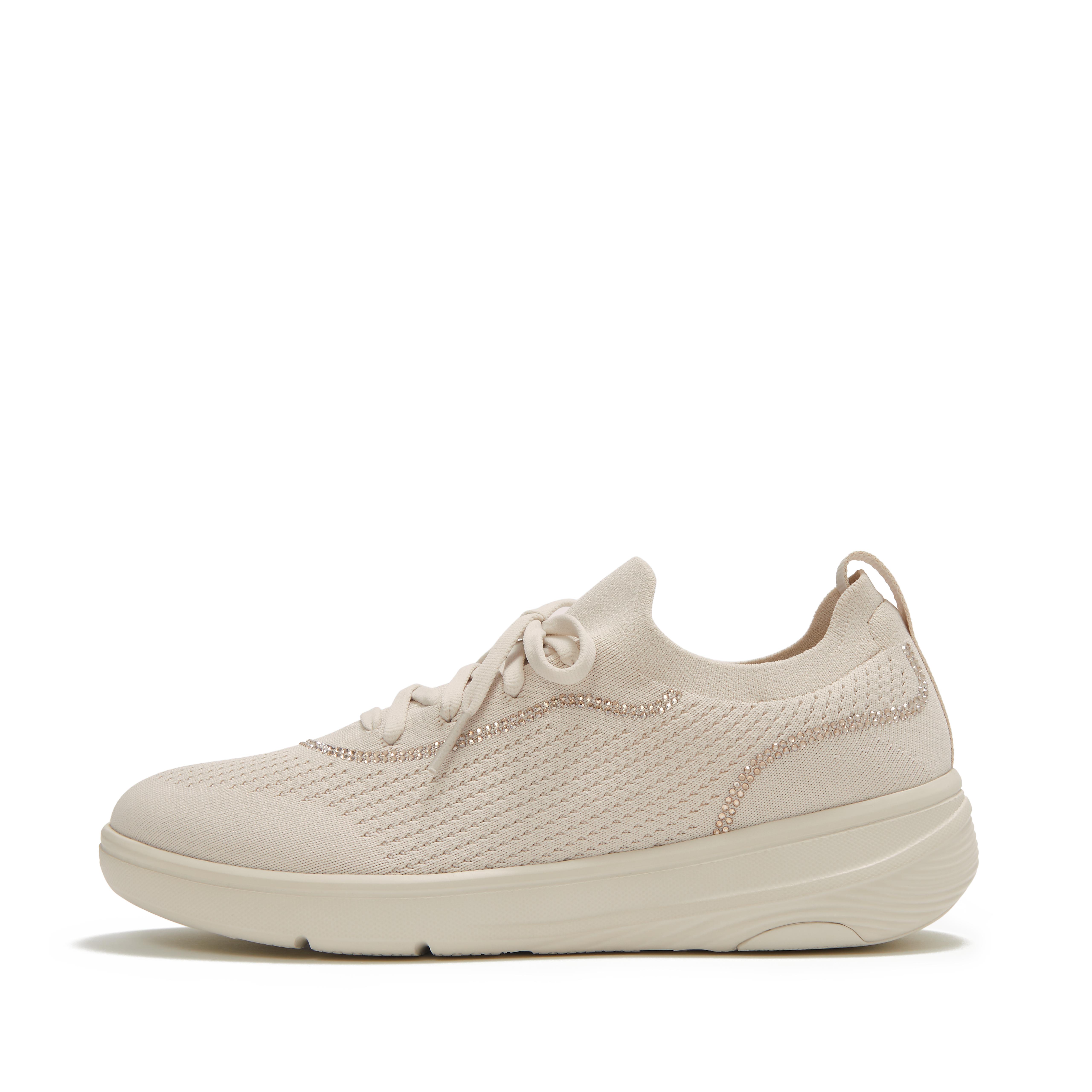 FitFlop SUPER-Q Crystal-Trim Knit Slip-On Laced Sneakers Polyester/Spandex Fabric Lined Upper, Full Price, Paris Beige, Size: US 8