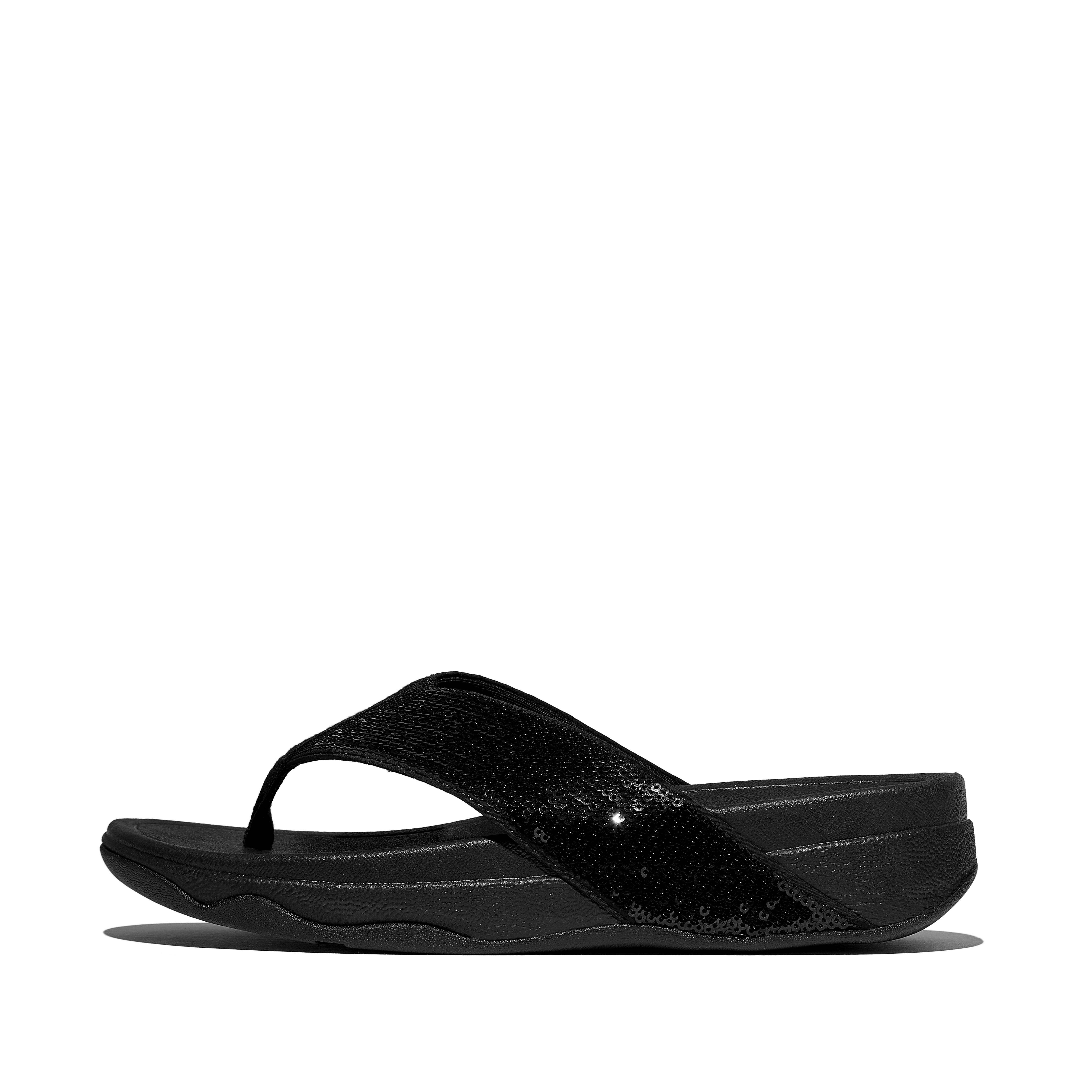 FitFlop SURFA Sequin Toe-Post Sandals Polyester, Full Price, All Black, Size: US 9