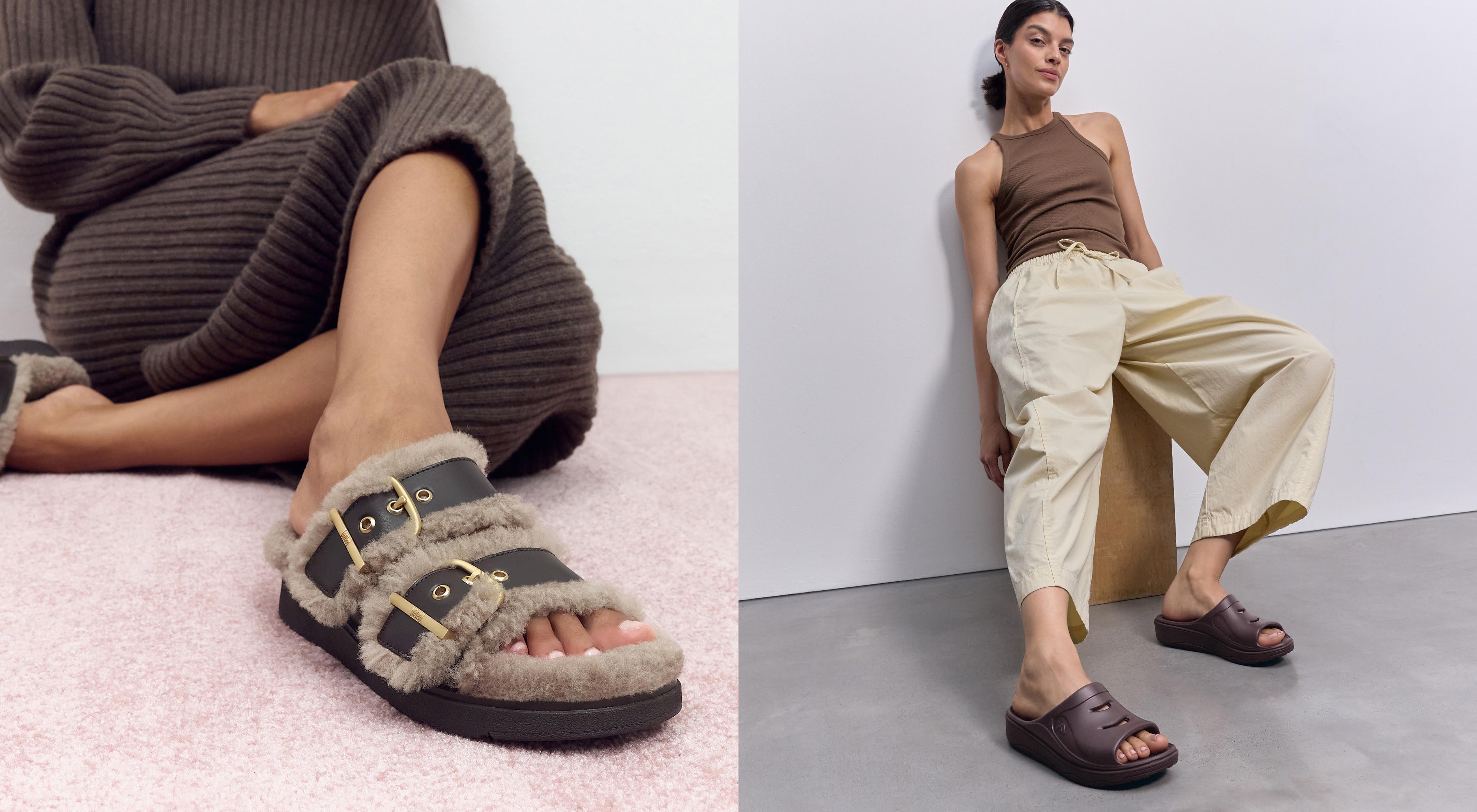A female model styling and wearing a pair of buckle open toe shearling slippers in a brown colour